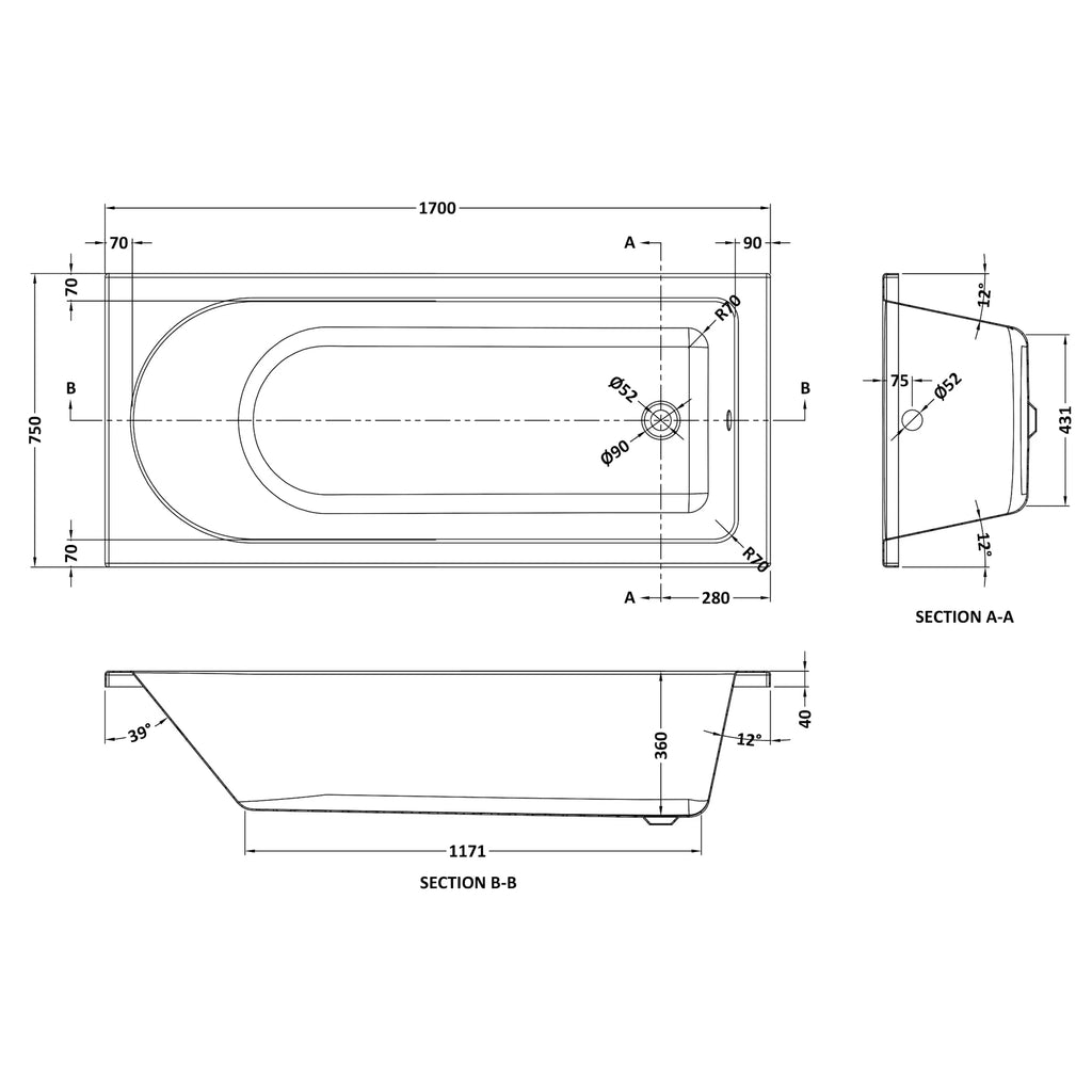 Nuie Barmby Eternalite Single Ended Rectangular Acrylic Straight Bath