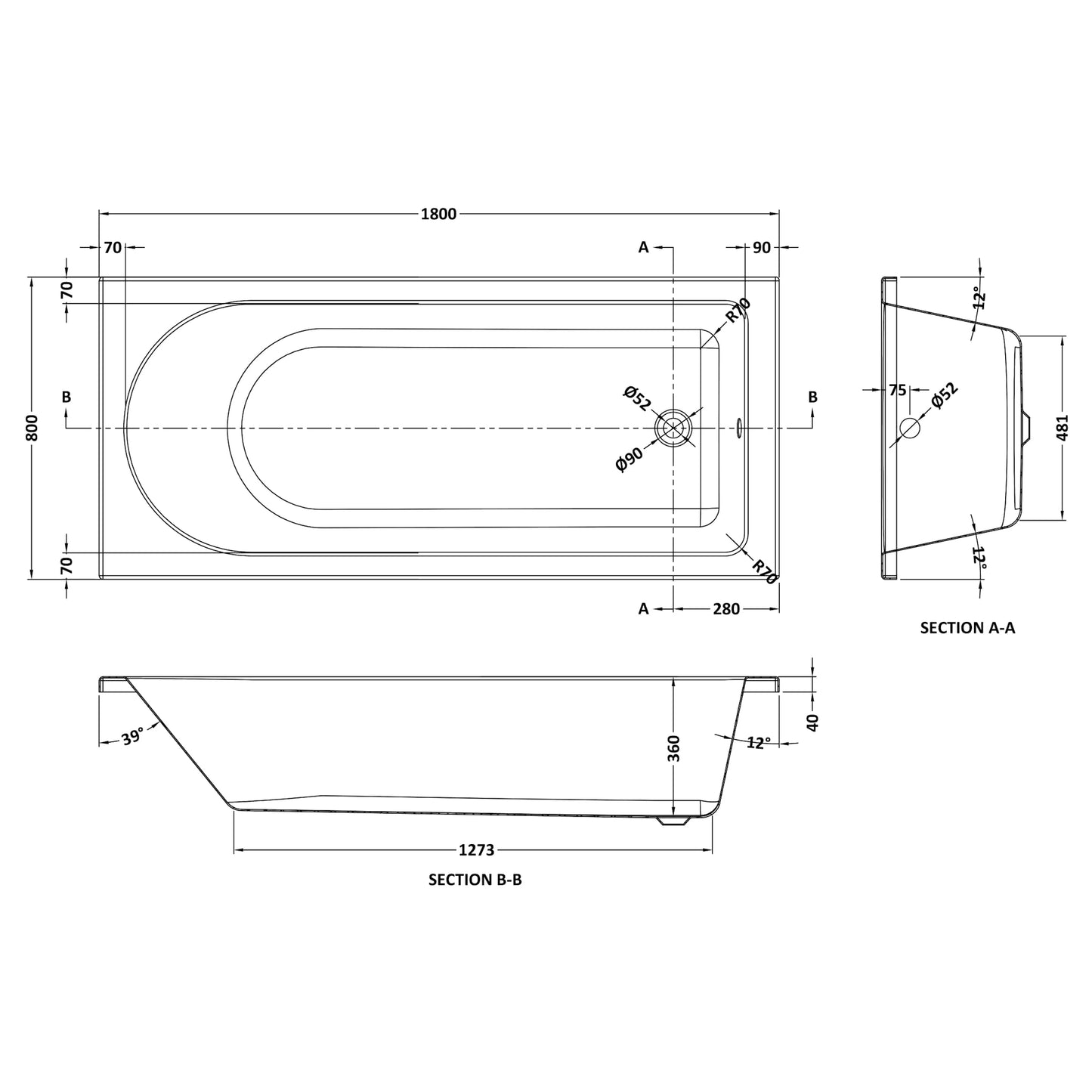 Nuie Barmby Single Ended Rectangular Acrylic Straight Bath