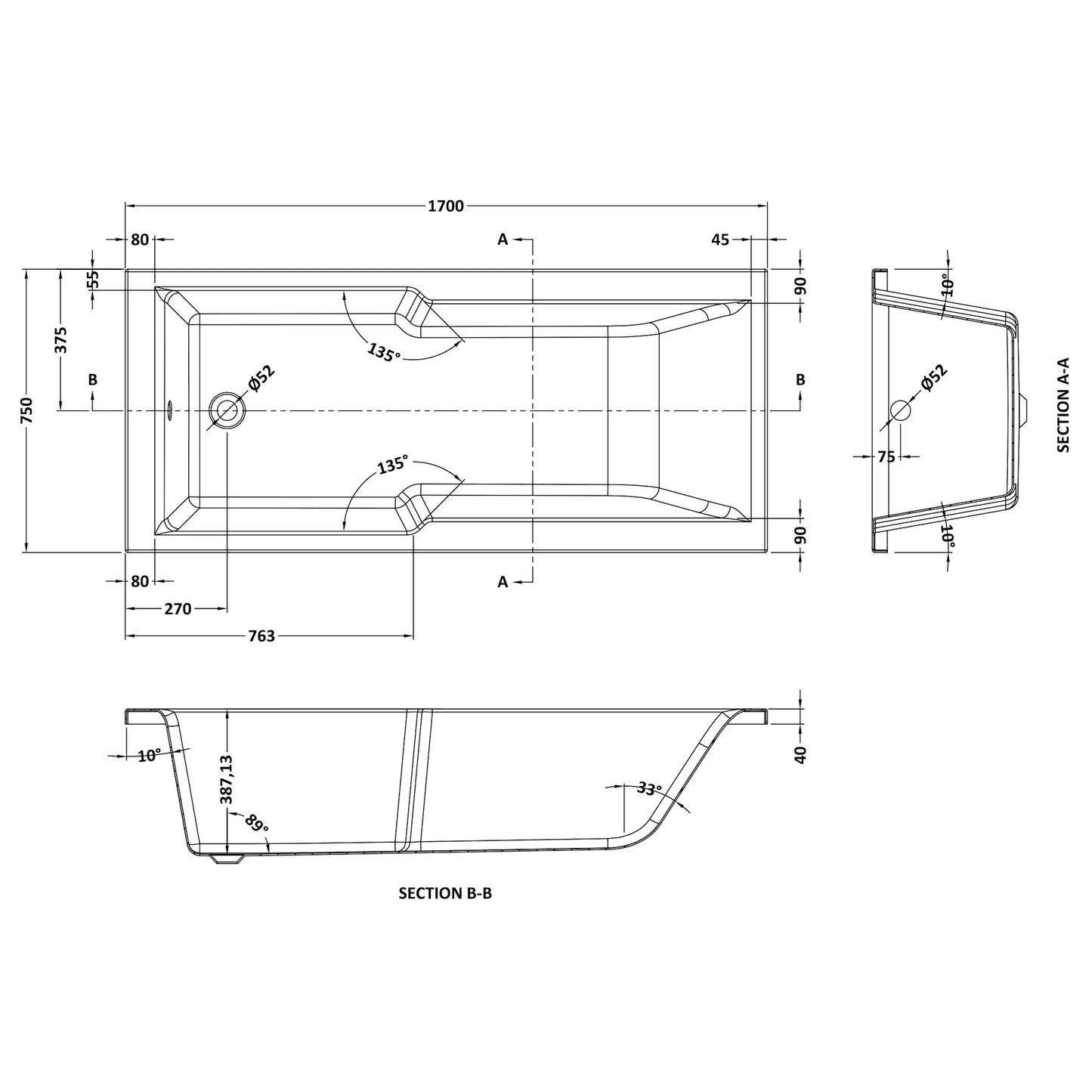 Nuie Square Straight Shower Bath 1700 x 750mm