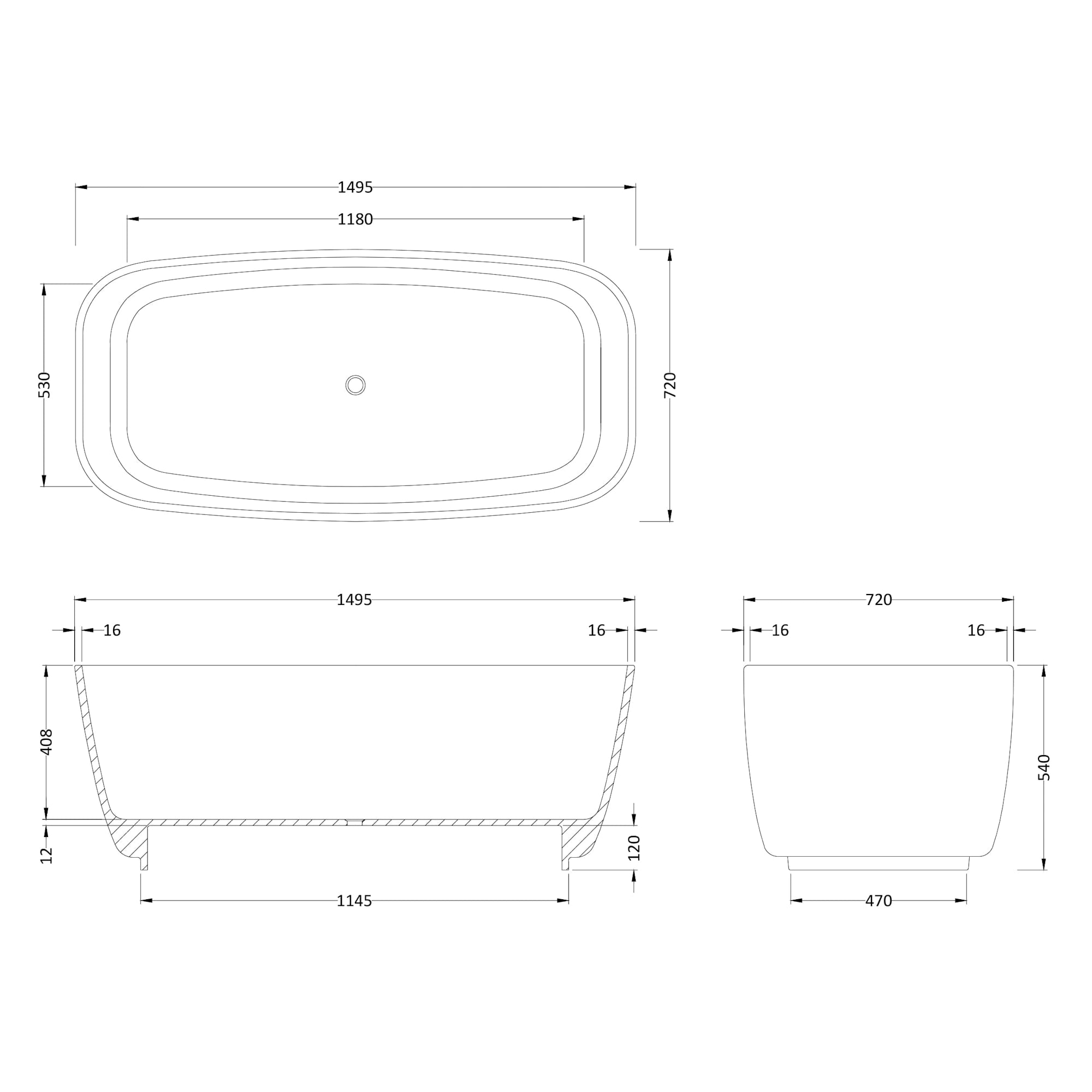 Hudson Reed Bella Square Freestanding Bath & Push Button Waste 1495 x 720mm