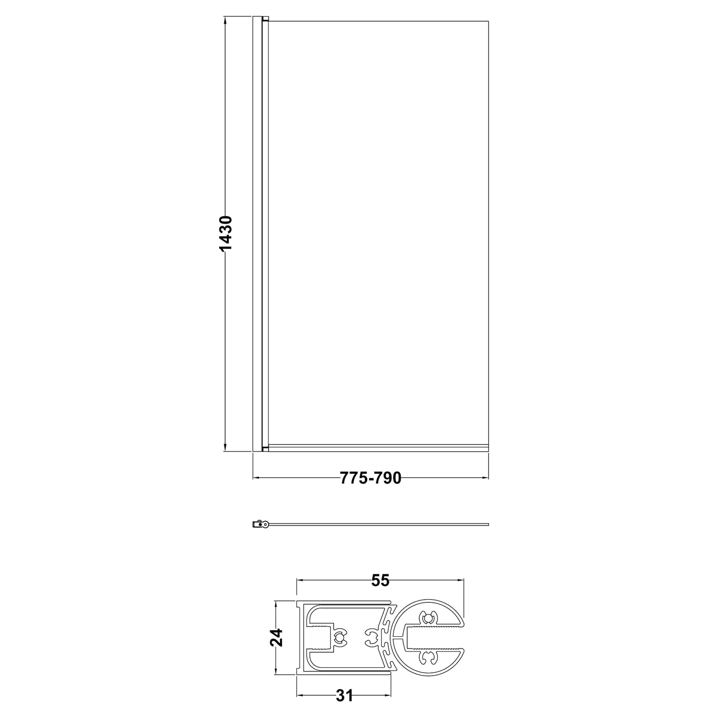 Nuie Straight Square Frameless Bath Screen 800mm