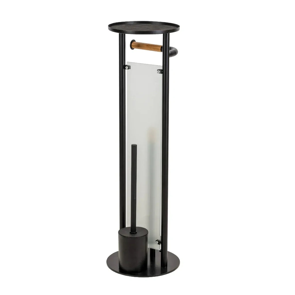 Croydex Matt Black & Bamboo Floor Standing Bathroom Butler Toilet Roll Holder