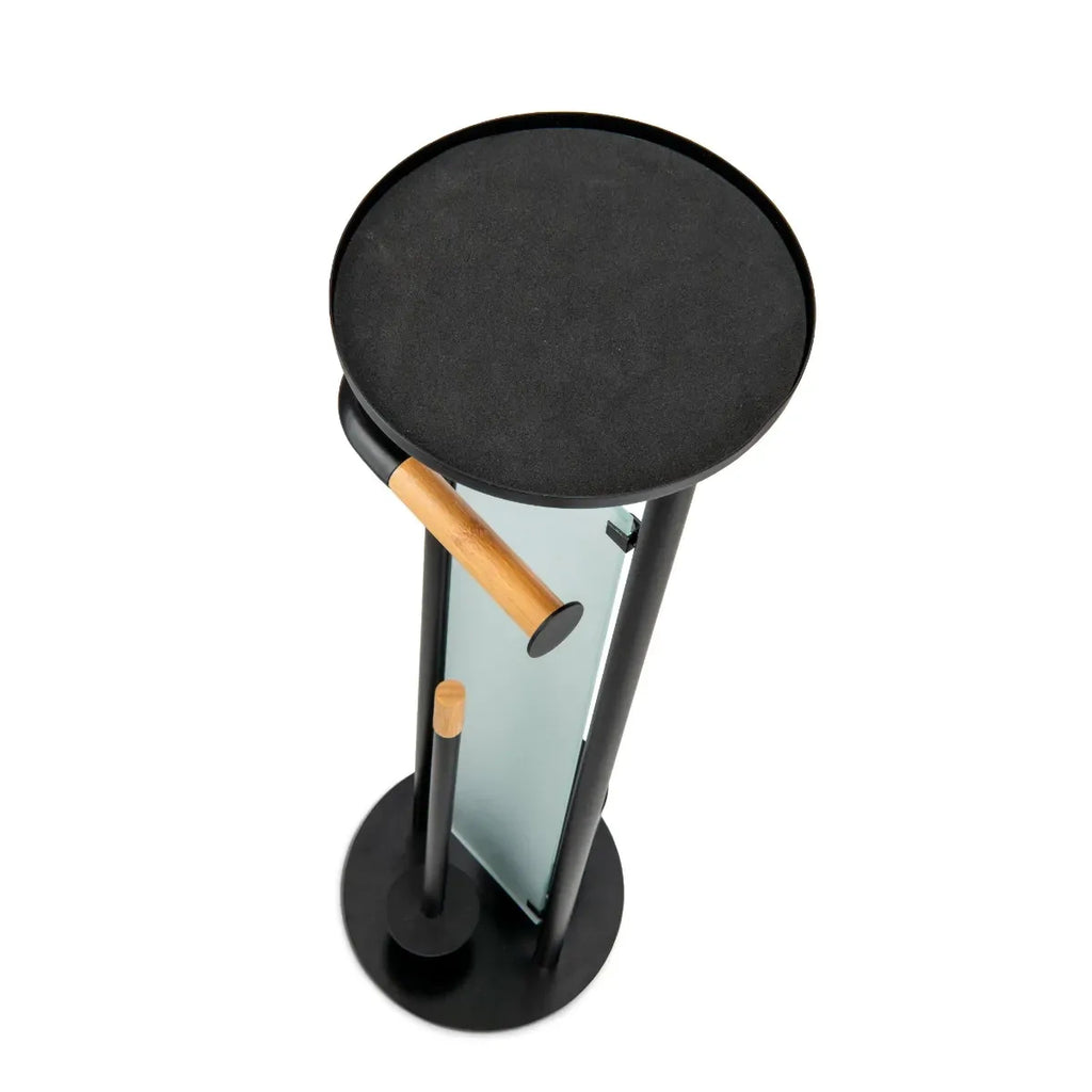 Croydex Matt Black & Bamboo Floor Standing Bathroom Butler Toilet Roll Holder