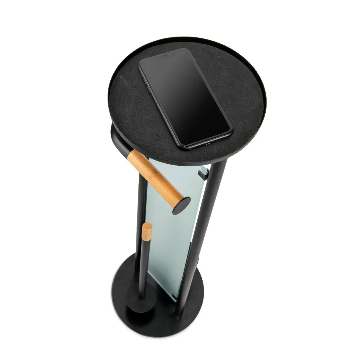 Croydex Matt Black & Bamboo Floor Standing Bathroom Butler Toilet Roll Holder