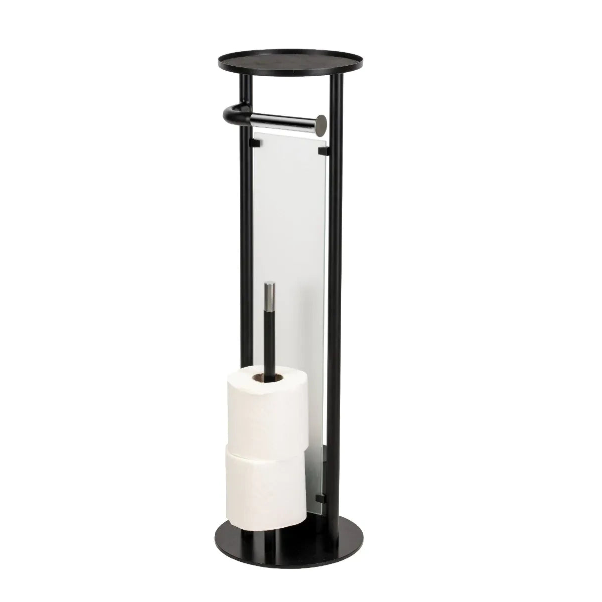 Croydex Matt Black & Chrome Floor Standing Bathroom Butler Toilet Roll Holder