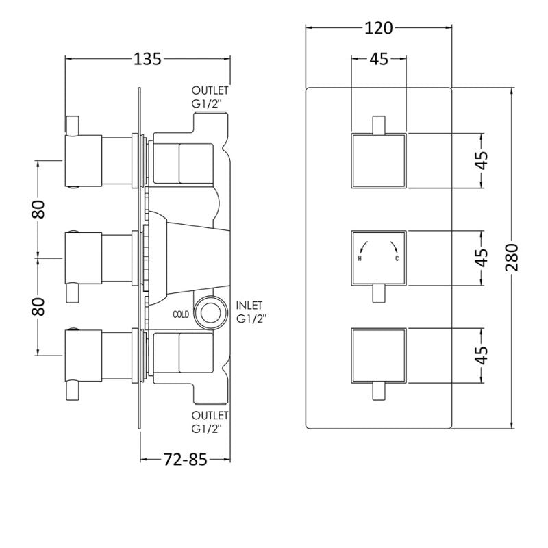 Nuie Chrome Square Handle Triple Thermostatic Concealed Shower Valve