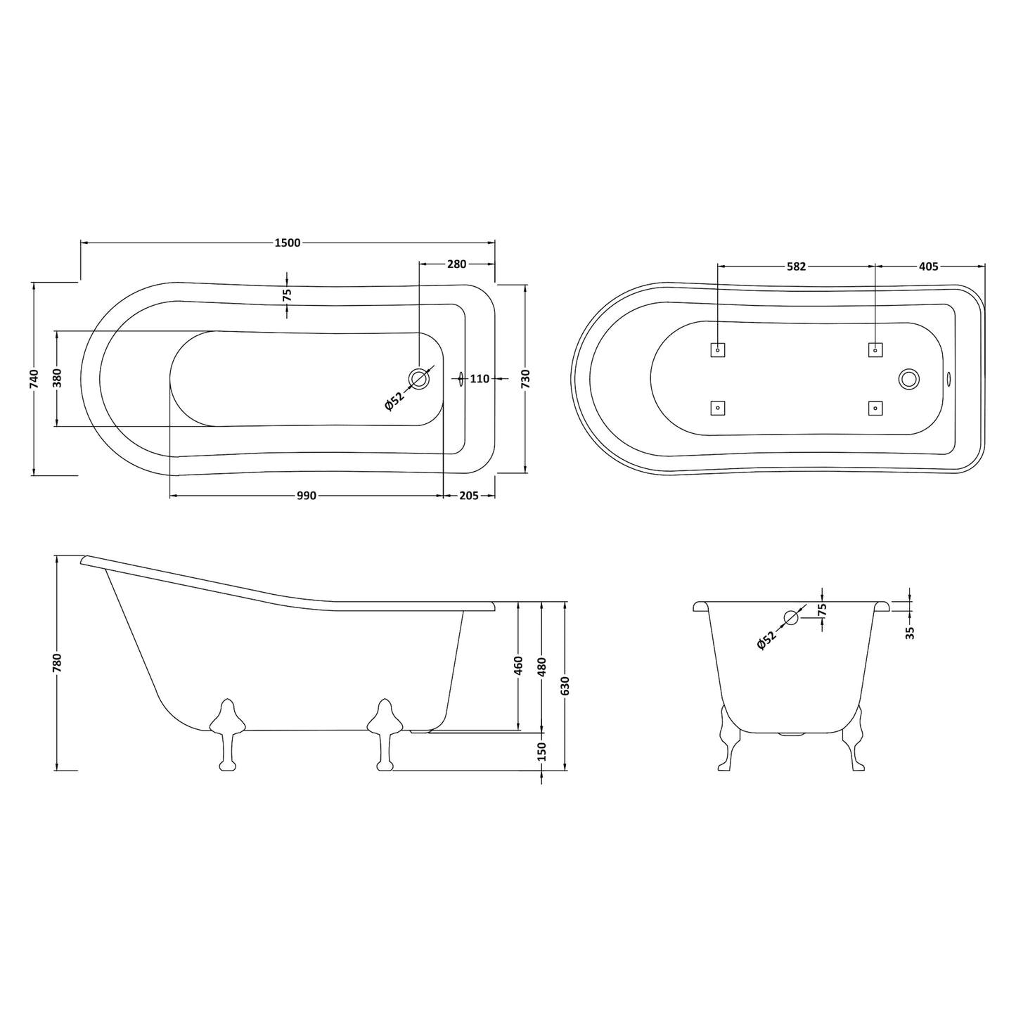 Hudson Reed Brockley Single Ended Acrylic Freestanding Bath with Legs