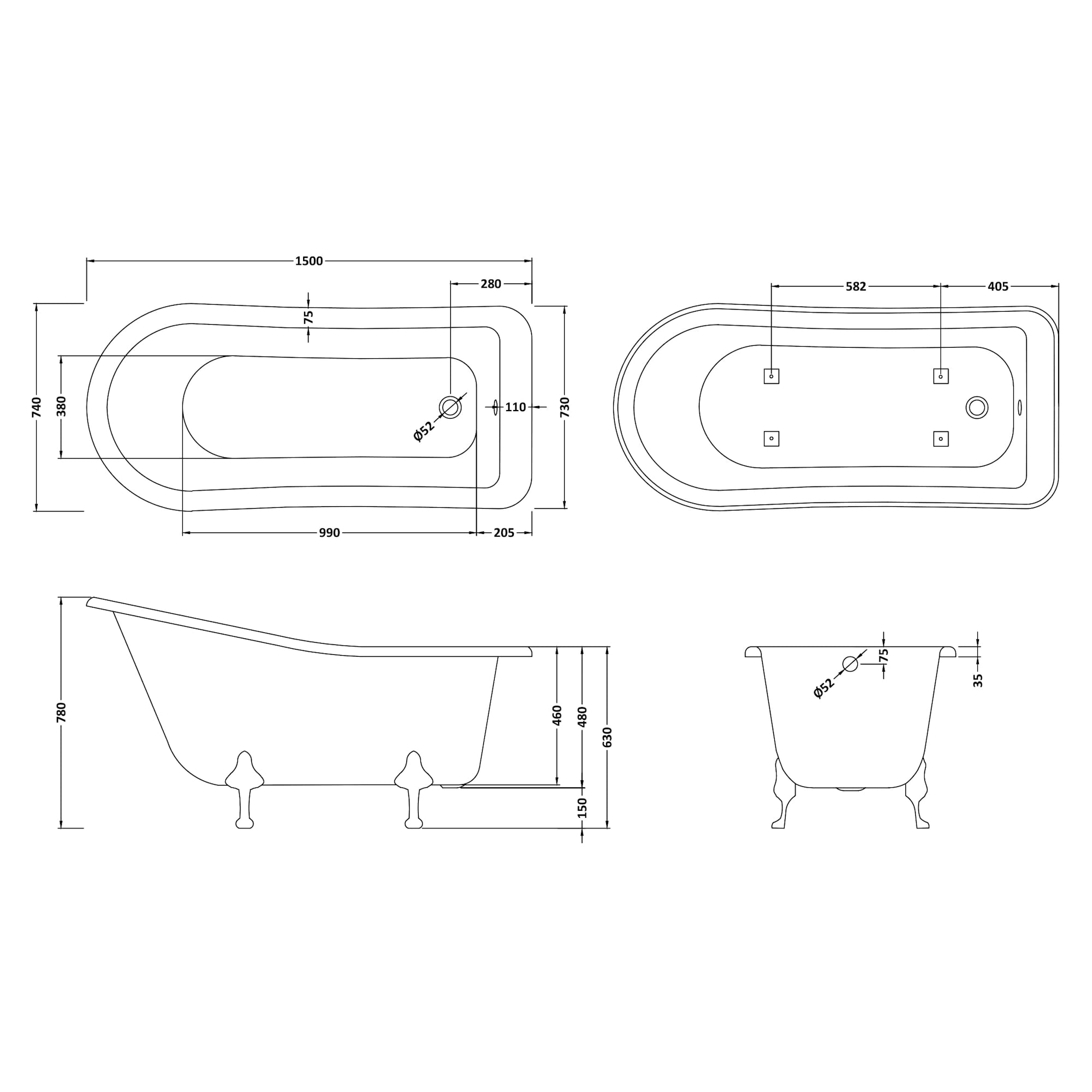 Hudson Reed Brockley Single Ended Acrylic Freestanding Bath with Legs