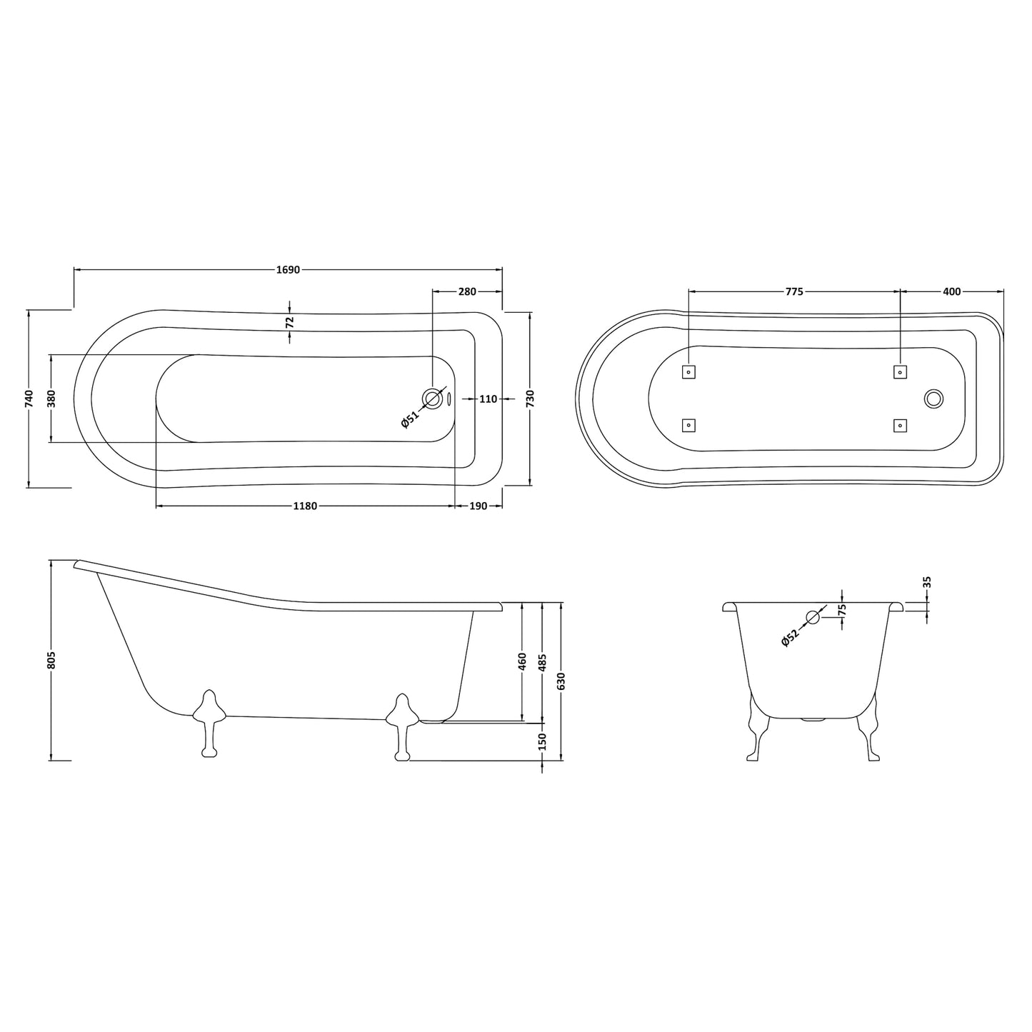 Hudson Reed Brockley Single Ended Acrylic Freestanding Bath with Legs