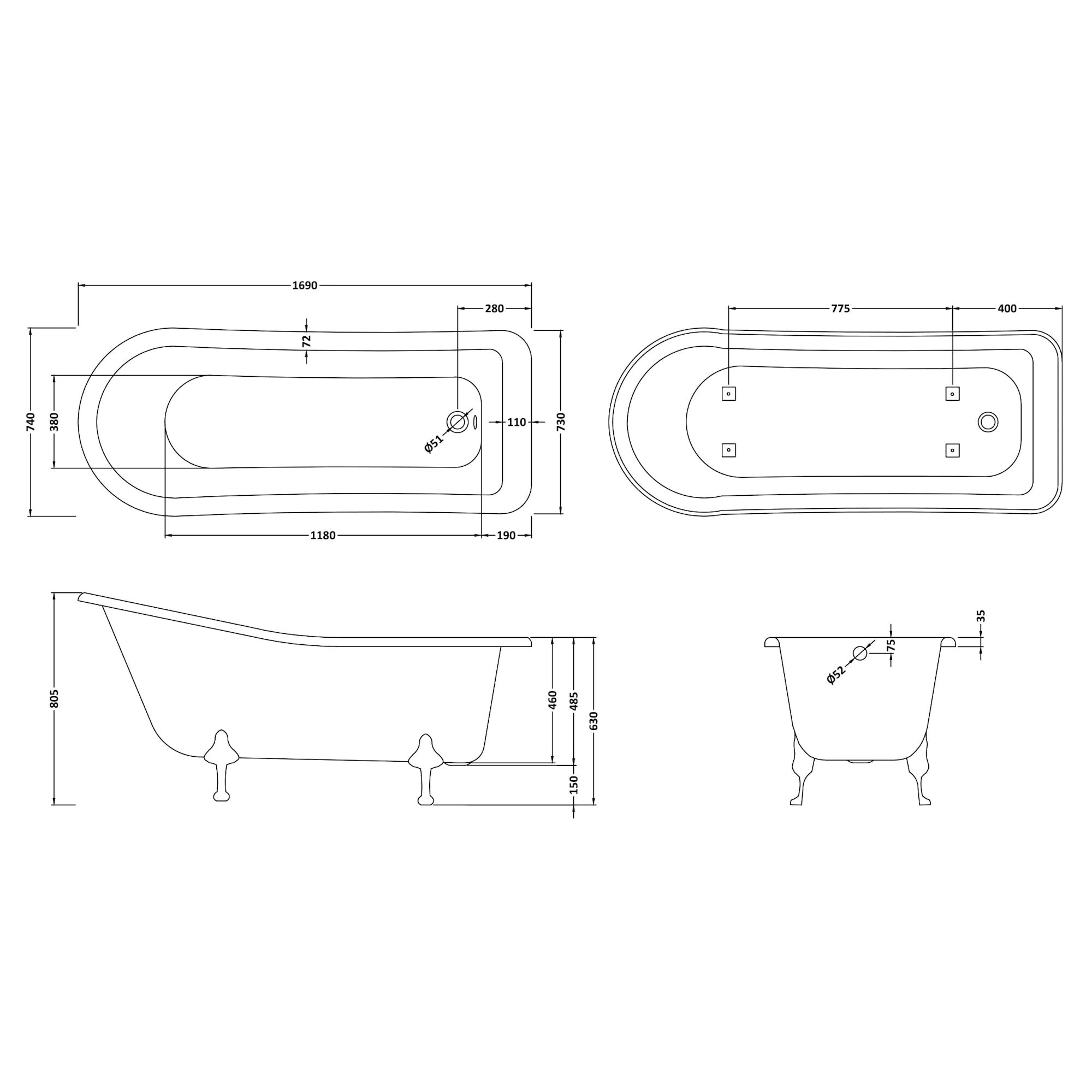 Hudson Reed Brockley Single Ended Acrylic Freestanding Bath with Legs