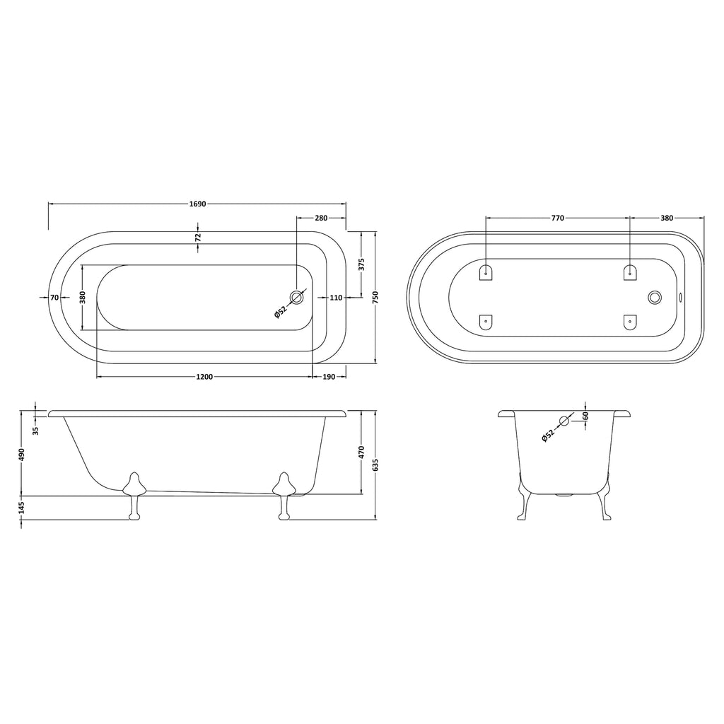 Hudson Reed Bamsbury Round Freestanding Bath With Legs 1700 x 750mm