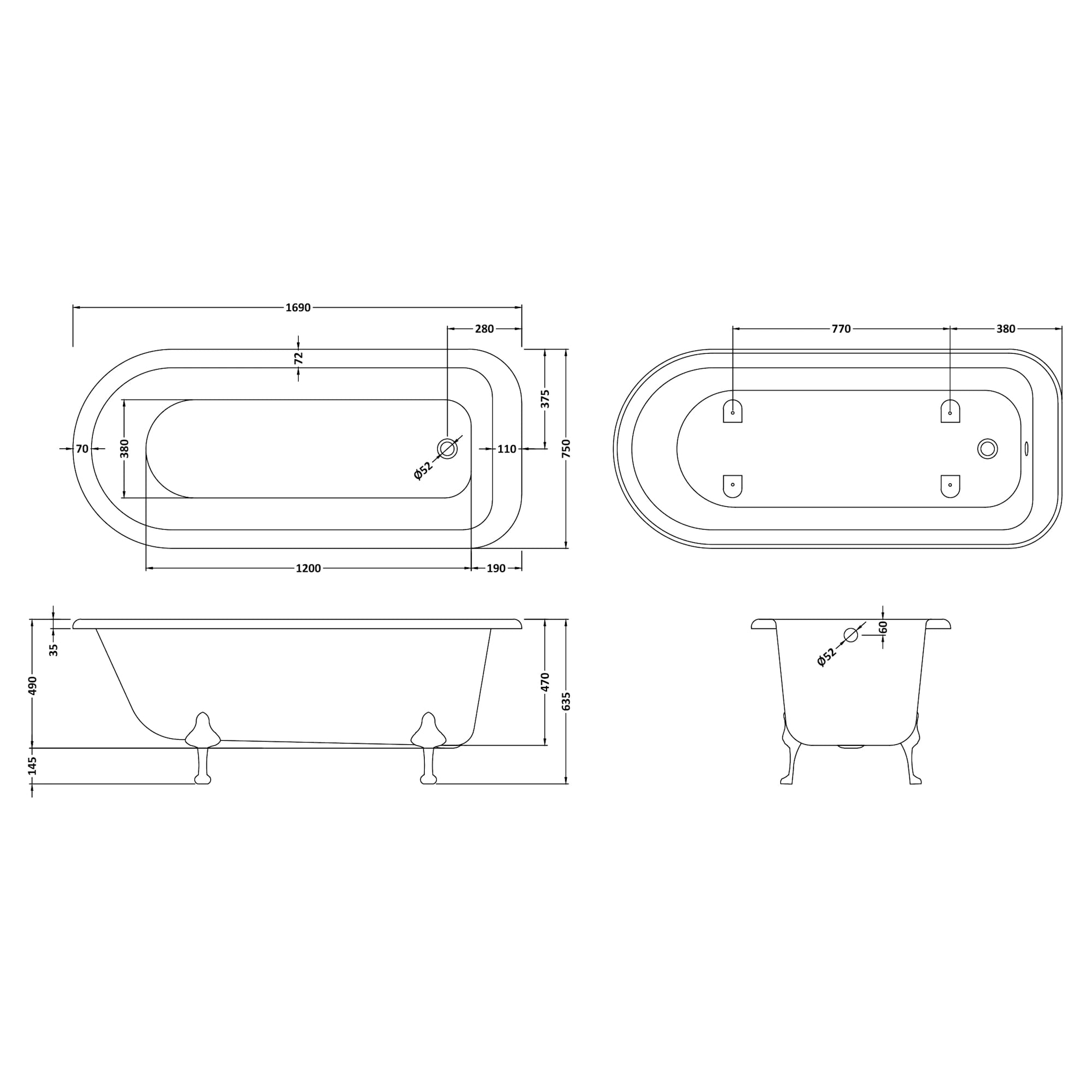 Hudson Reed Bamsbury Round Freestanding Bath With Legs 1700 x 750mm