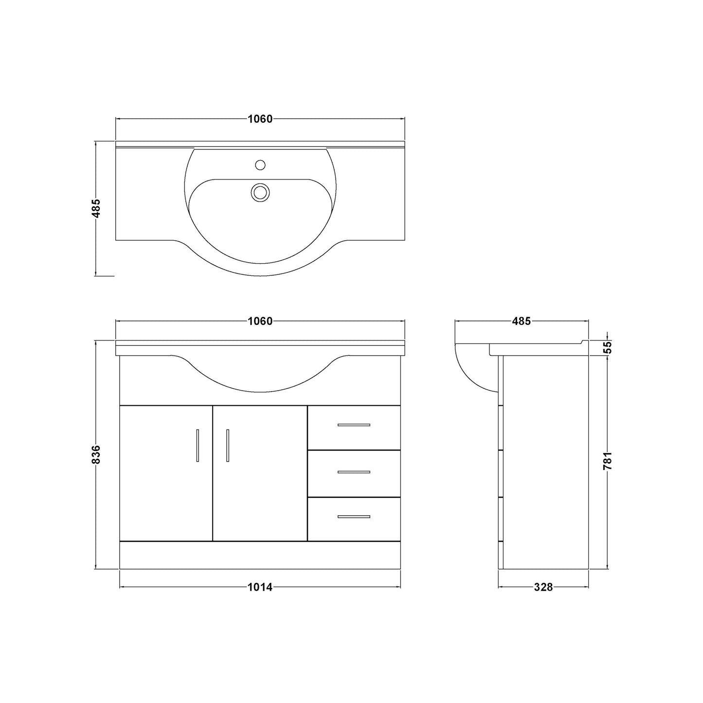 Mayford Floor Standing 2-Door and 3-Drawer Basin Sink Vanity Unit