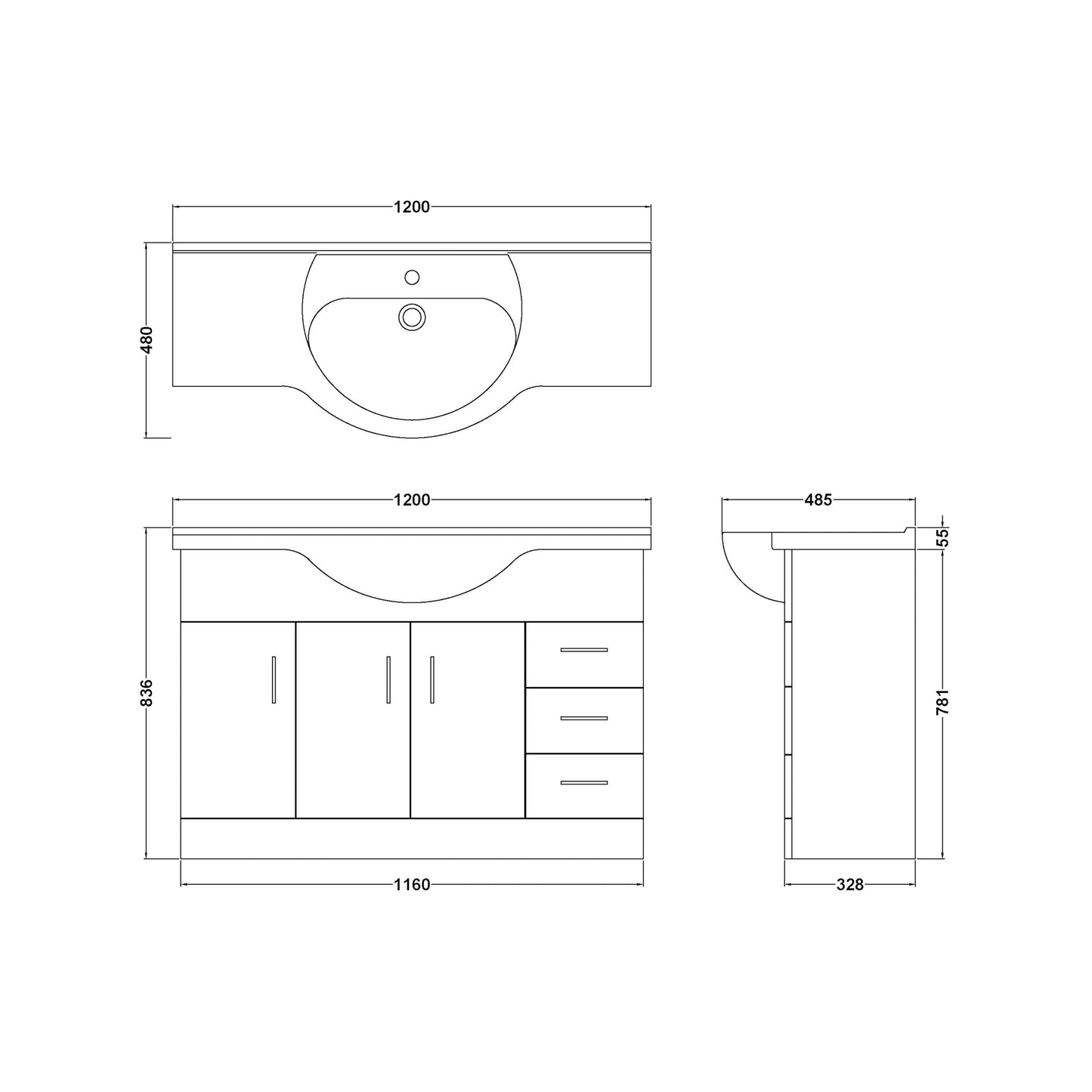 Mayford Floor Standing 3-Door and 3-Drawer Basin Sink Vanity Unit