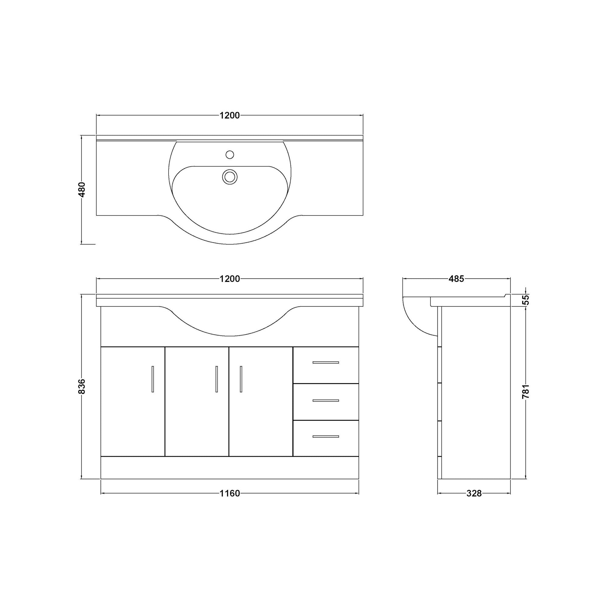 Mayford Floor Standing 3-Door and 3-Drawer Basin Sink Vanity Unit