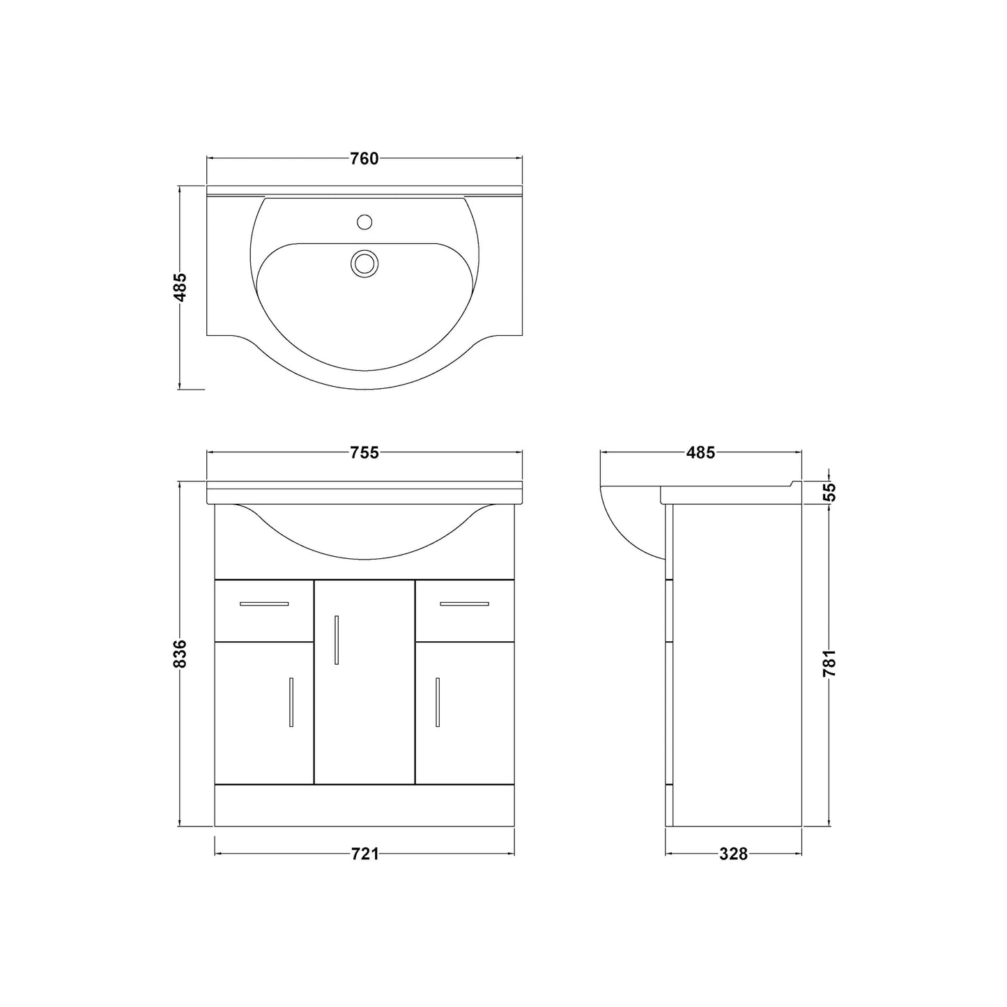 Mayford Floor Standing 3-Door and 2-Drawer Basin Sink Vanity Unit