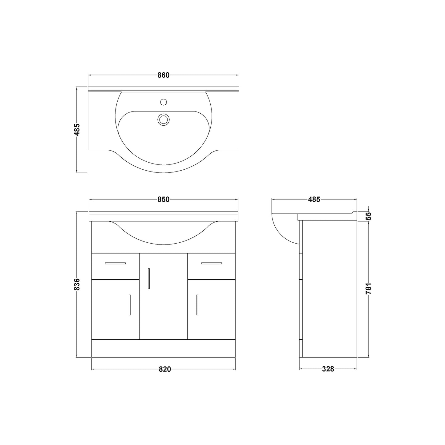 Mayford Floor Standing 3-Door and 2-Drawer Basin Sink Vanity Unit