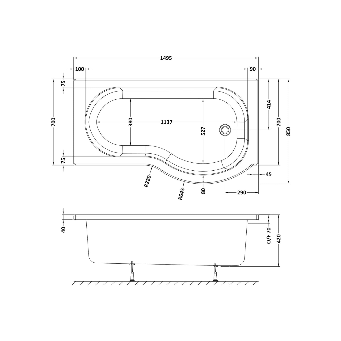 Nuie Square P Shaped Shower Bath