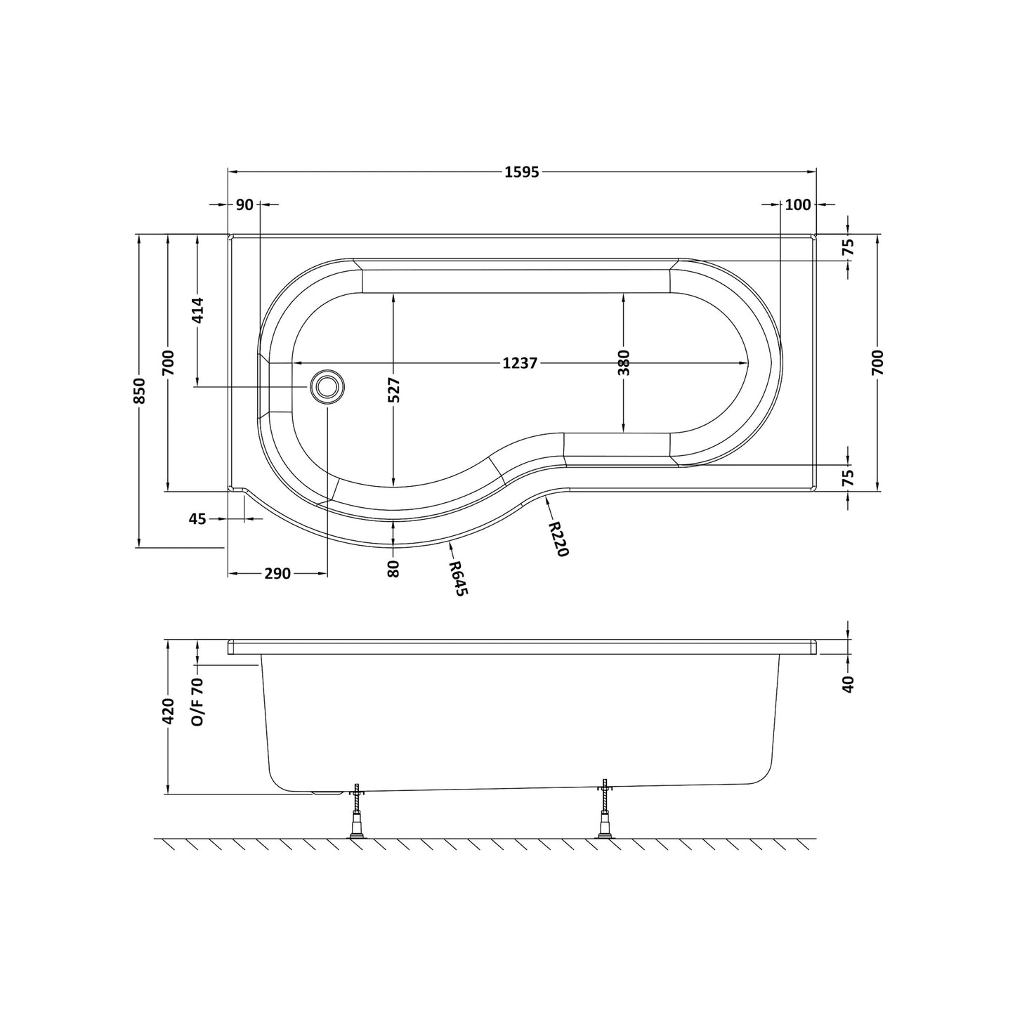 Nuie Square P Shaped Shower Bath