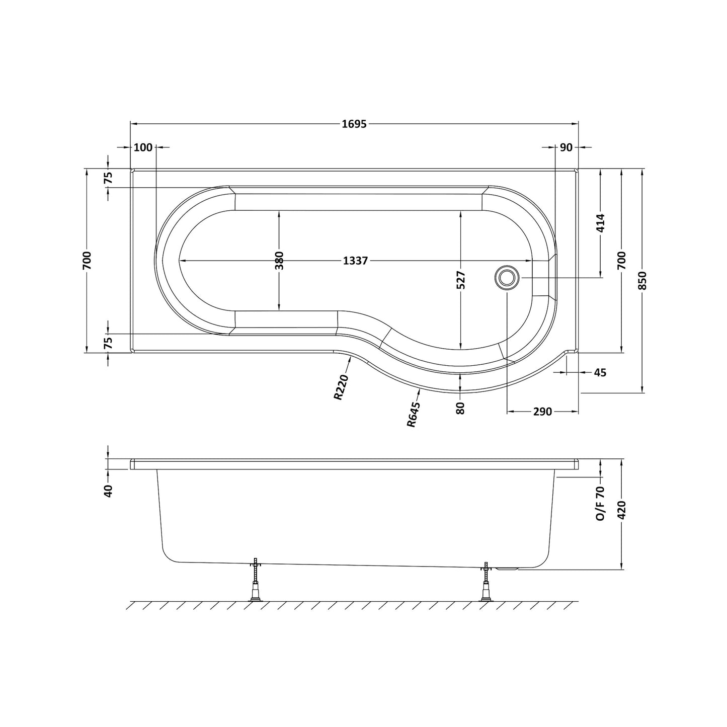 Nuie Square P Shaped Shower Bath