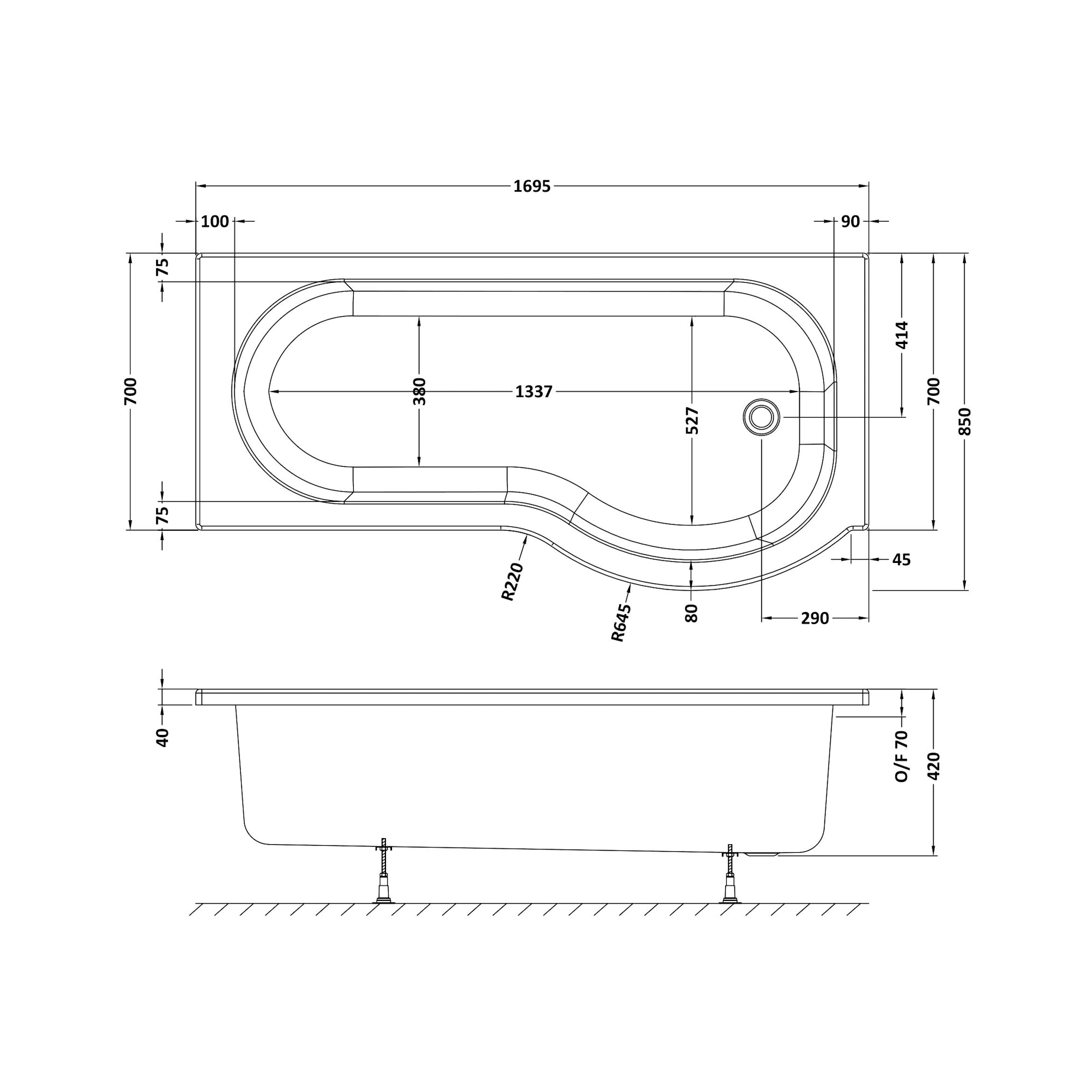 Nuie Square P Shaped Shower Bath