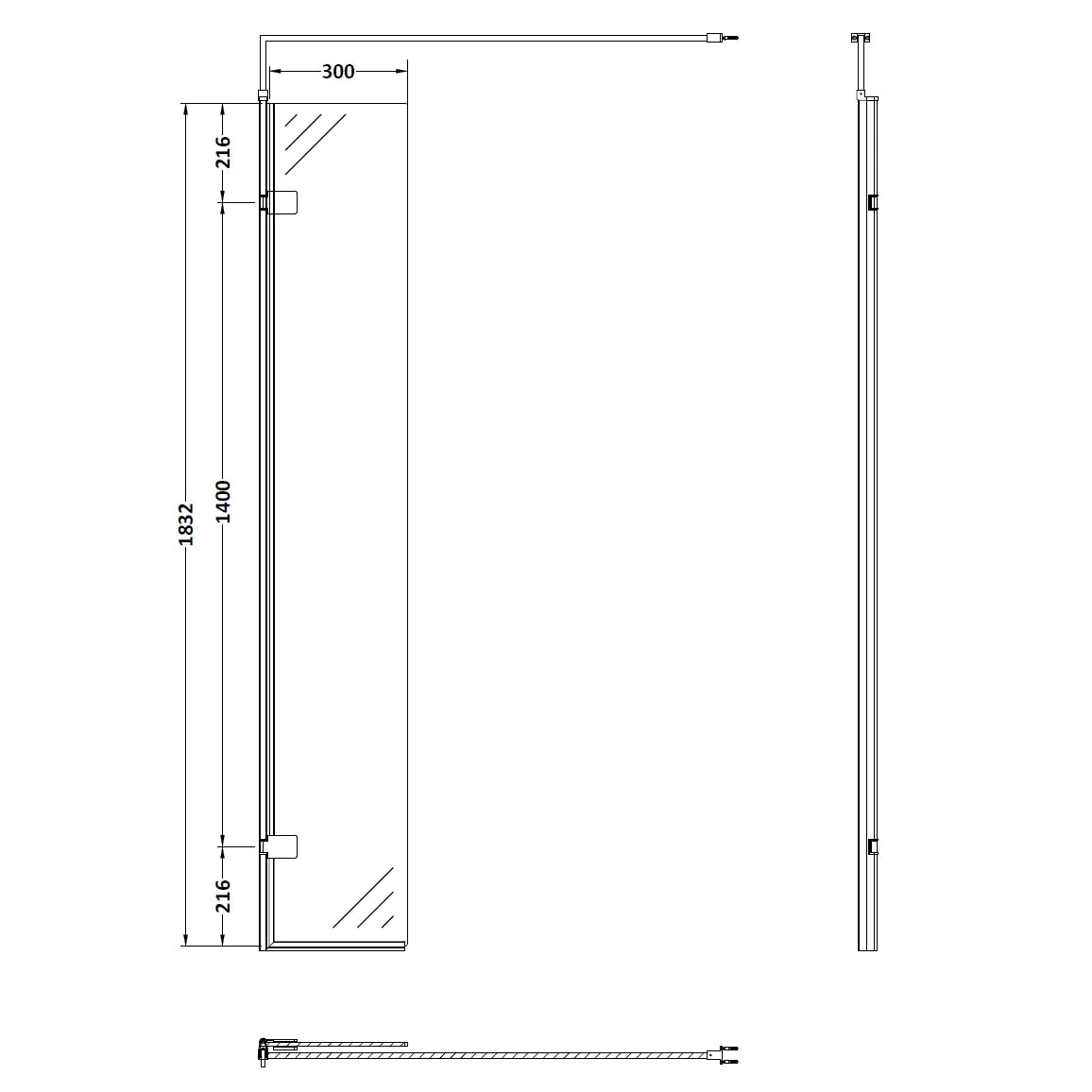 Nuie Wetroom Frameless Hinged Swing Screen 300mm