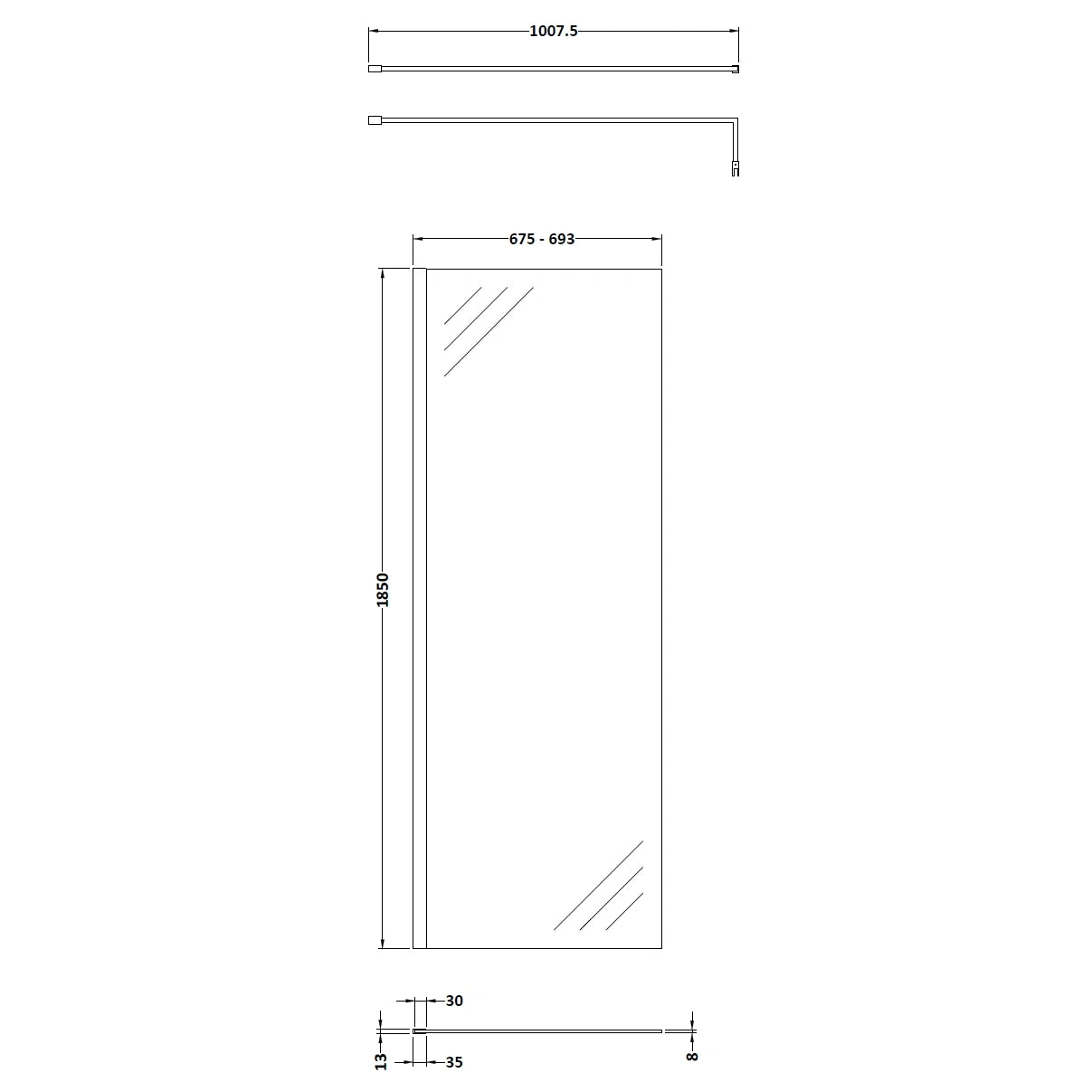 Nuie Frameless Wetroom Screen with Support Bar