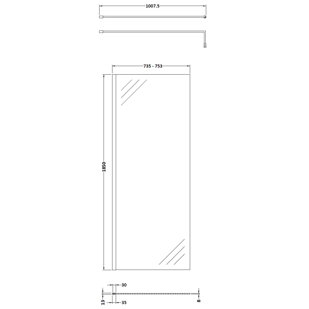 Nuie Frameless Wetroom Screen with Support Bar