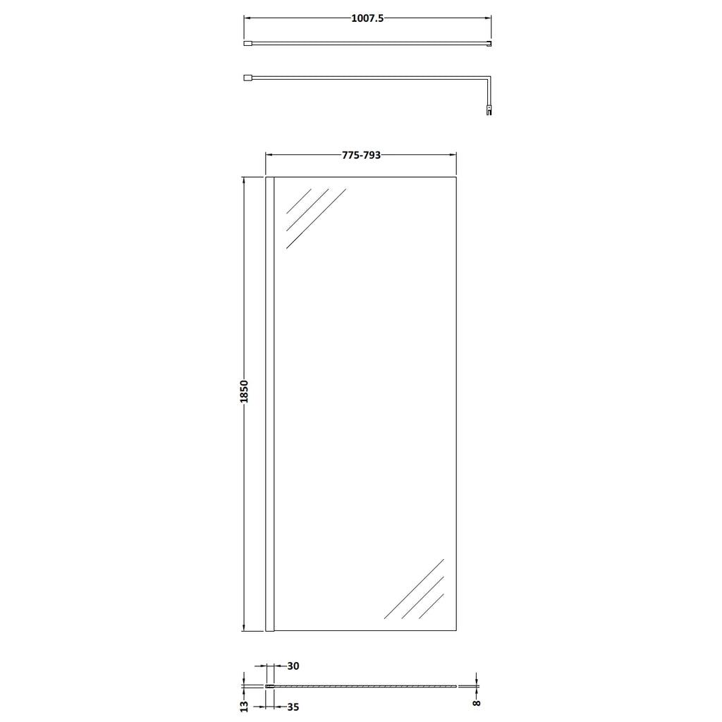 Nuie Frameless Wetroom Screen with Support Bar