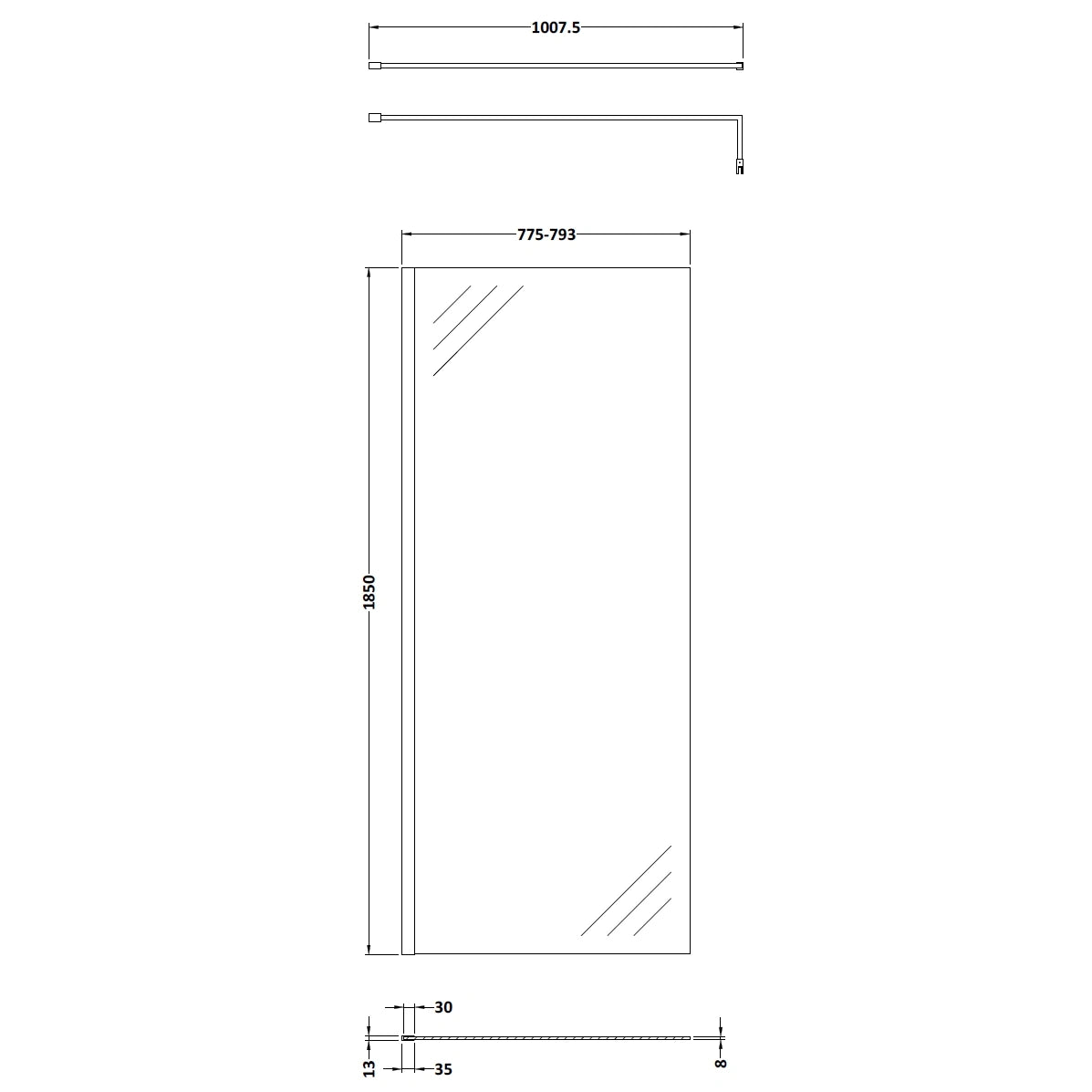 Nuie Frameless Wetroom Screen with Support Bar