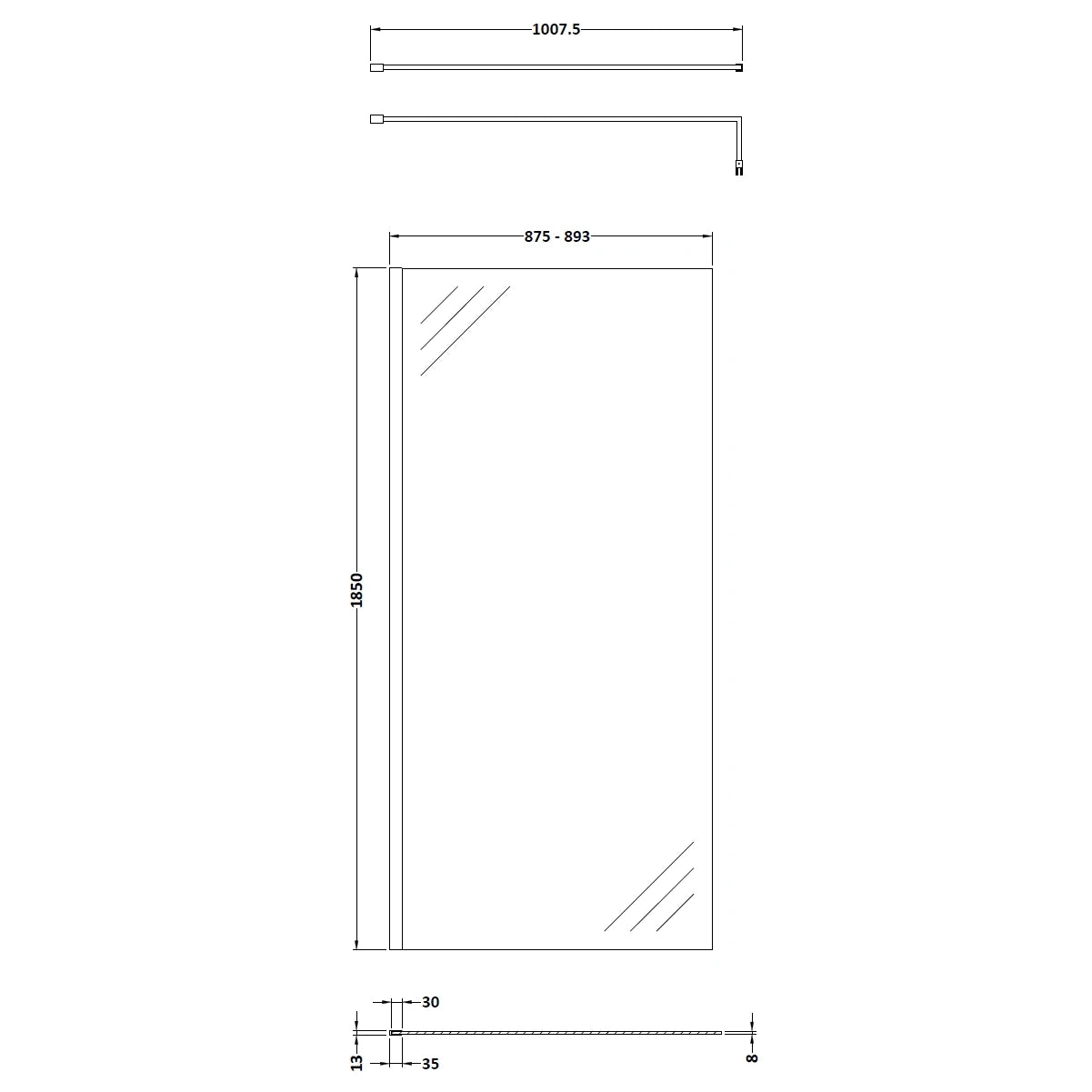 Nuie Frameless Wetroom Screen with Support Bar