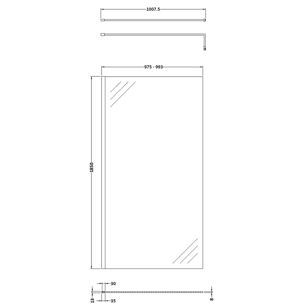 Nuie Frameless Wetroom Screen with Support Bar