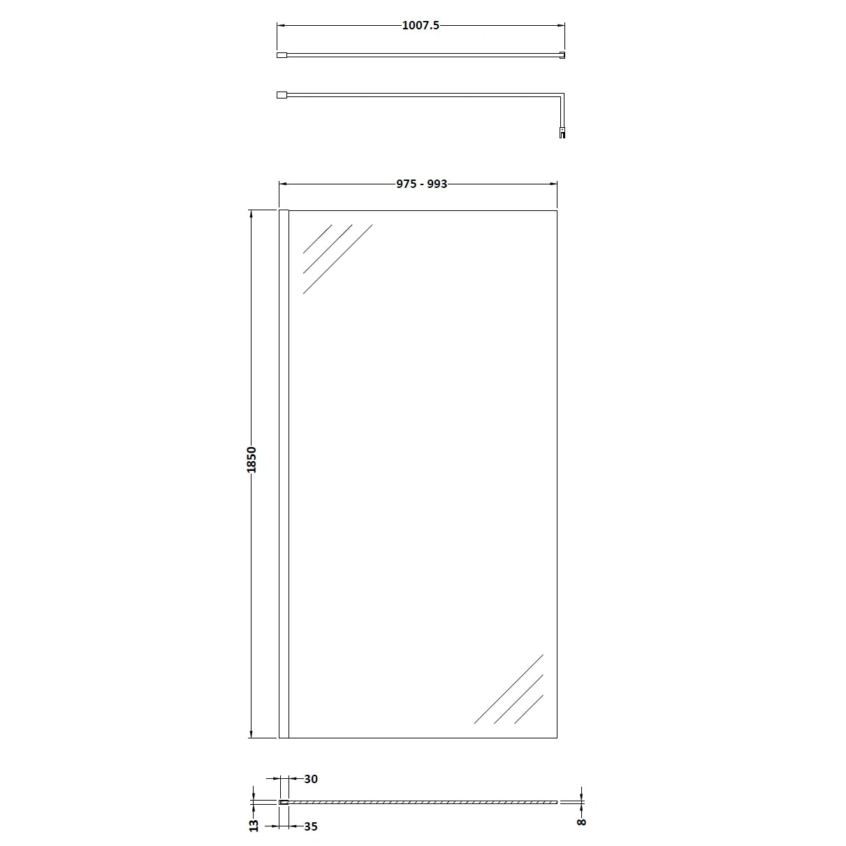 Nuie Frameless Wetroom Screen with Support Bar