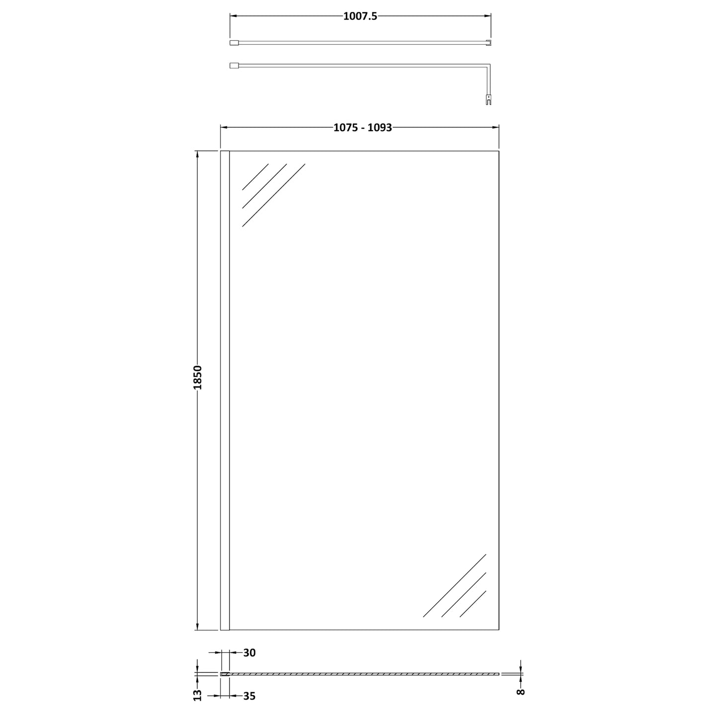 Nuie Frameless Wetroom Screen with Support Bar