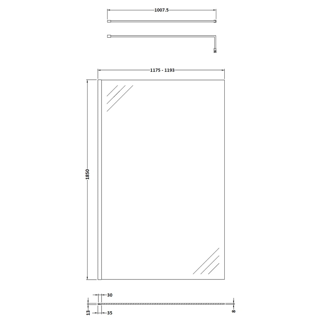 Nuie Frameless Wetroom Screen with Support Bar