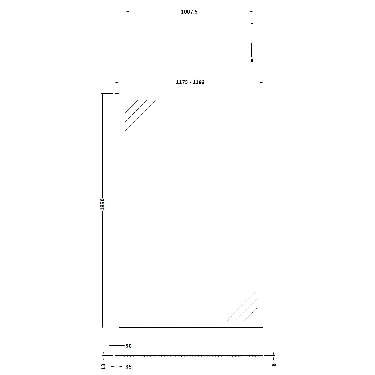 Nuie Frameless Wetroom Screen with Support Bar