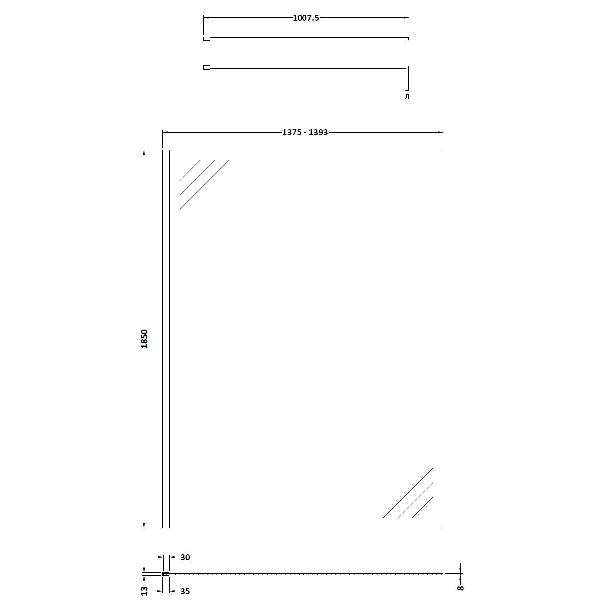 Nuie Frameless Wetroom Screen with Support Bar