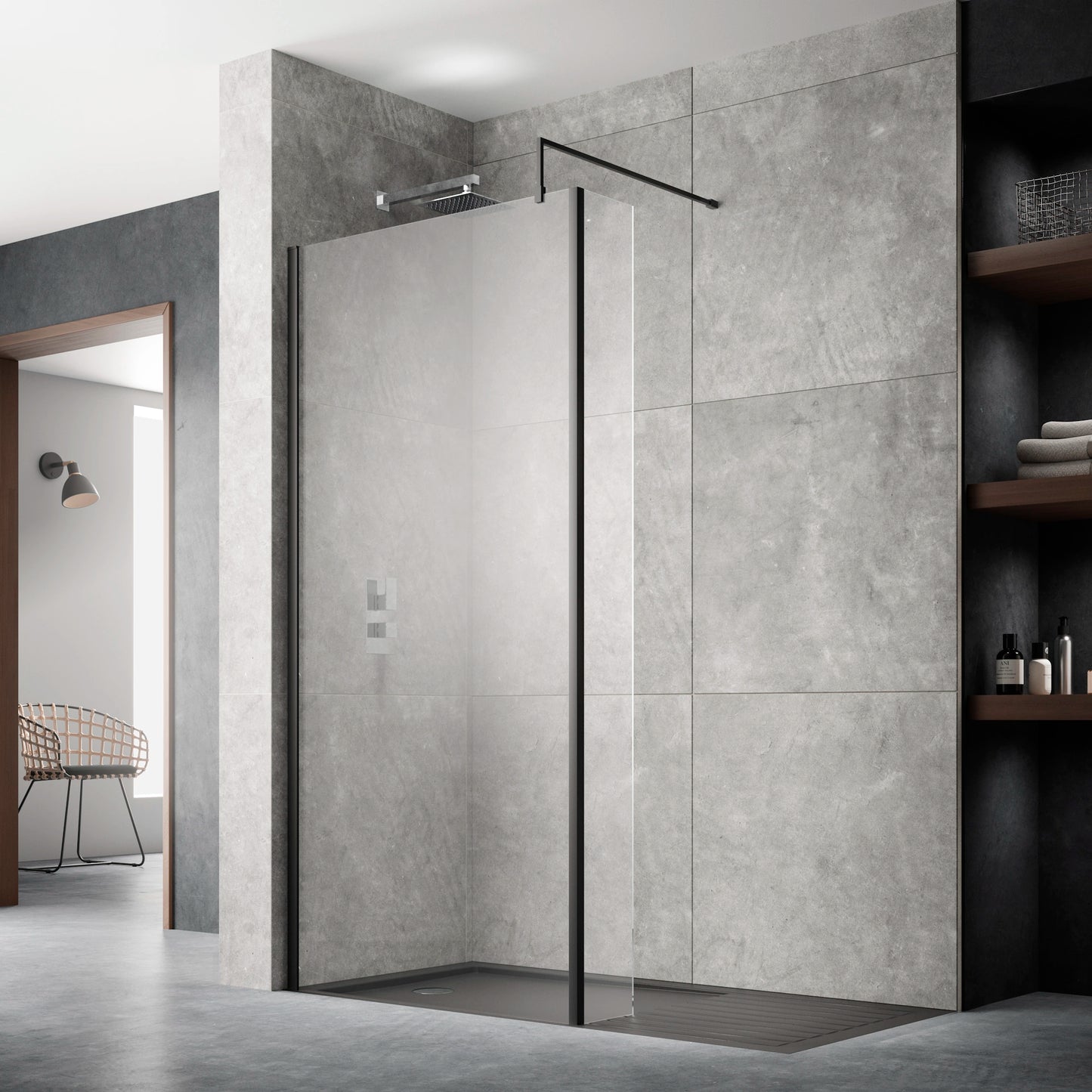 Nuie Frameless Wetroom Screen with Support Bar