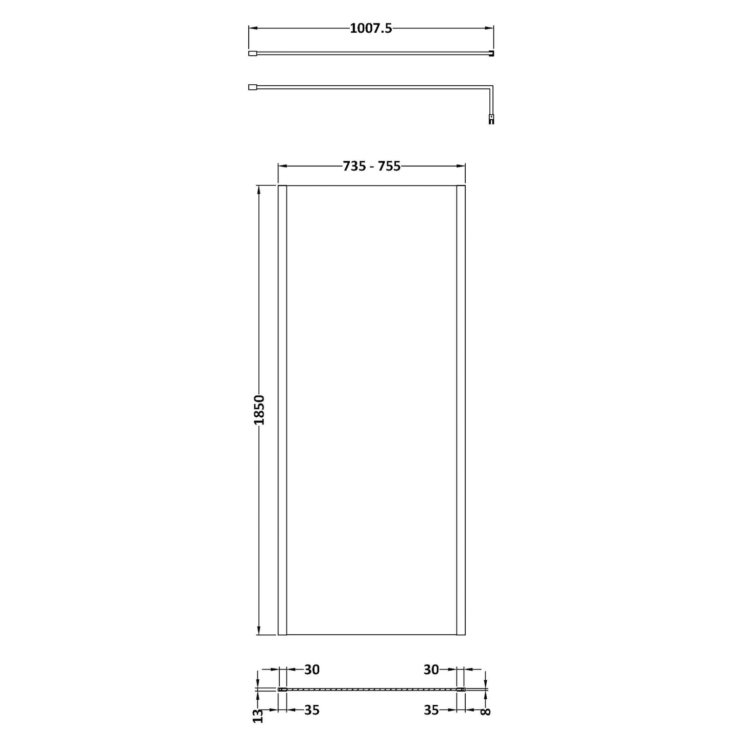 Nuie Outer Framed Wetroom Screen with Support Bar