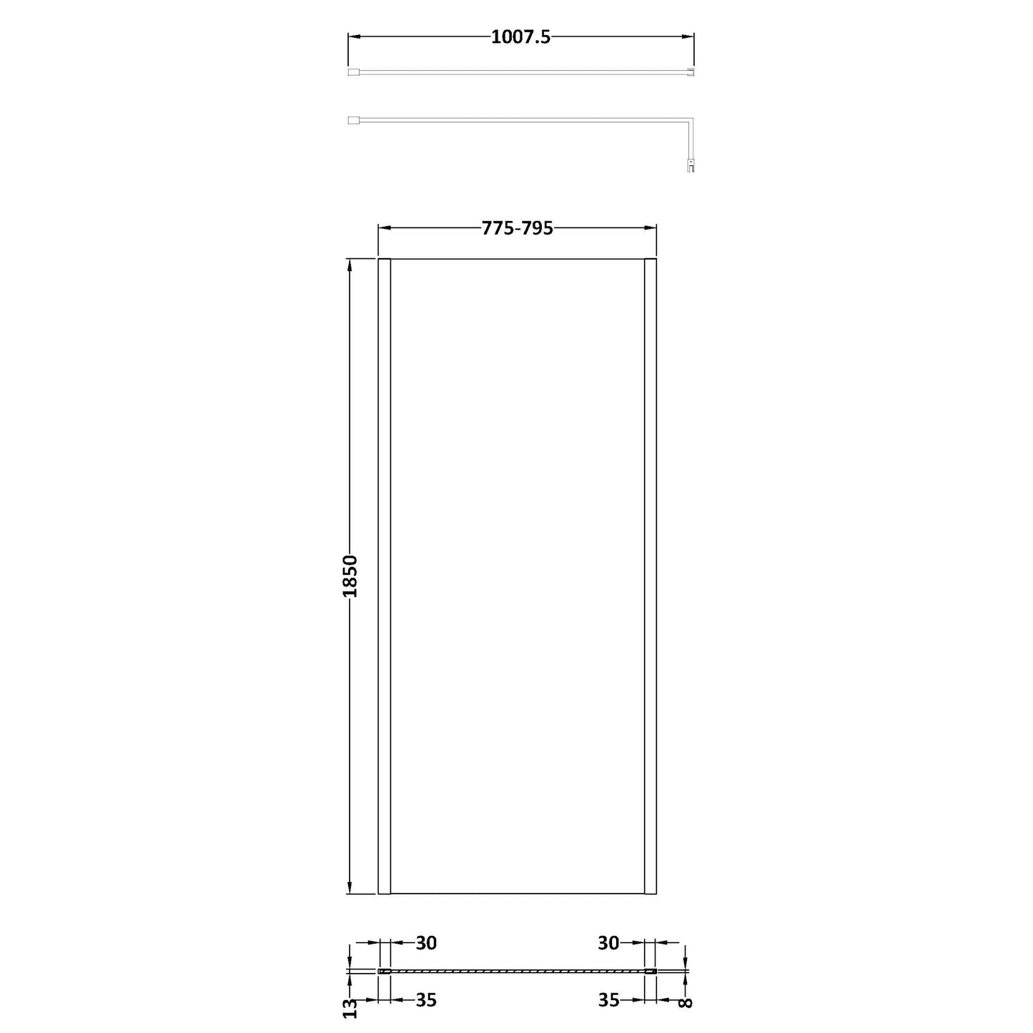 Nuie Outer Framed Wetroom Screen with Support Bar