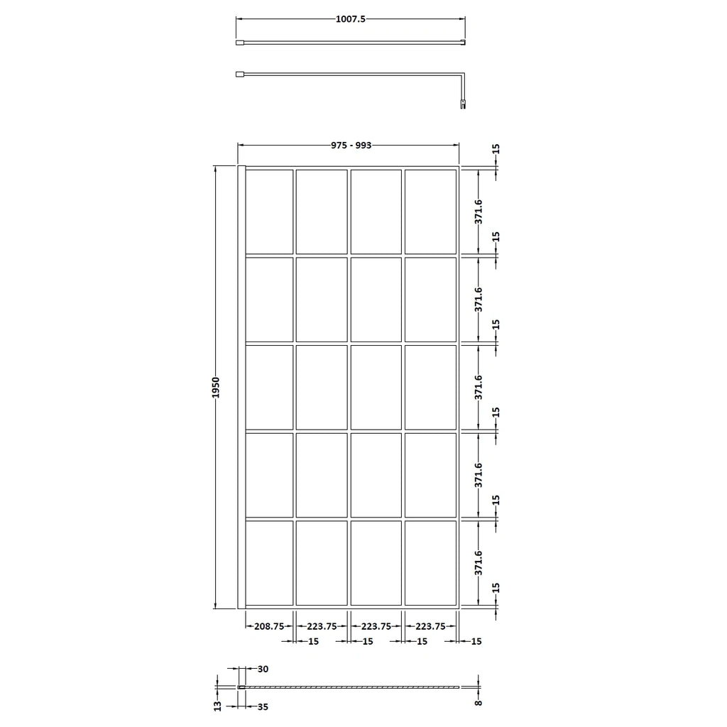 Hudson Reed Matt Black Framed Wetroom Screen with Support Bar