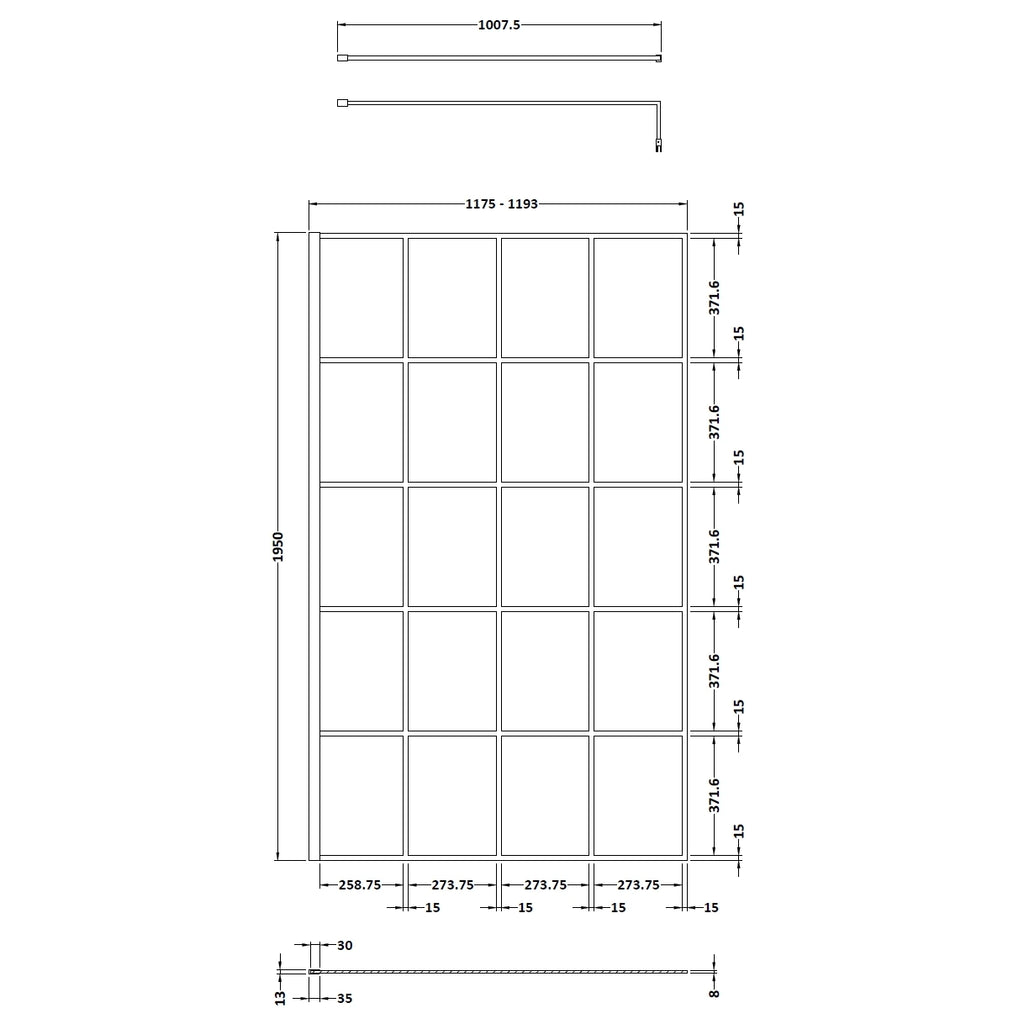 Hudson Reed Matt Black Framed Wetroom Screen with Support Bar
