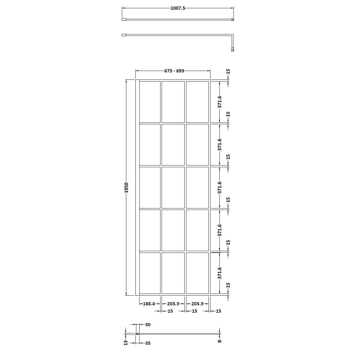 Hudson Reed Matt Black Framed Wetroom Screen with Support Bar