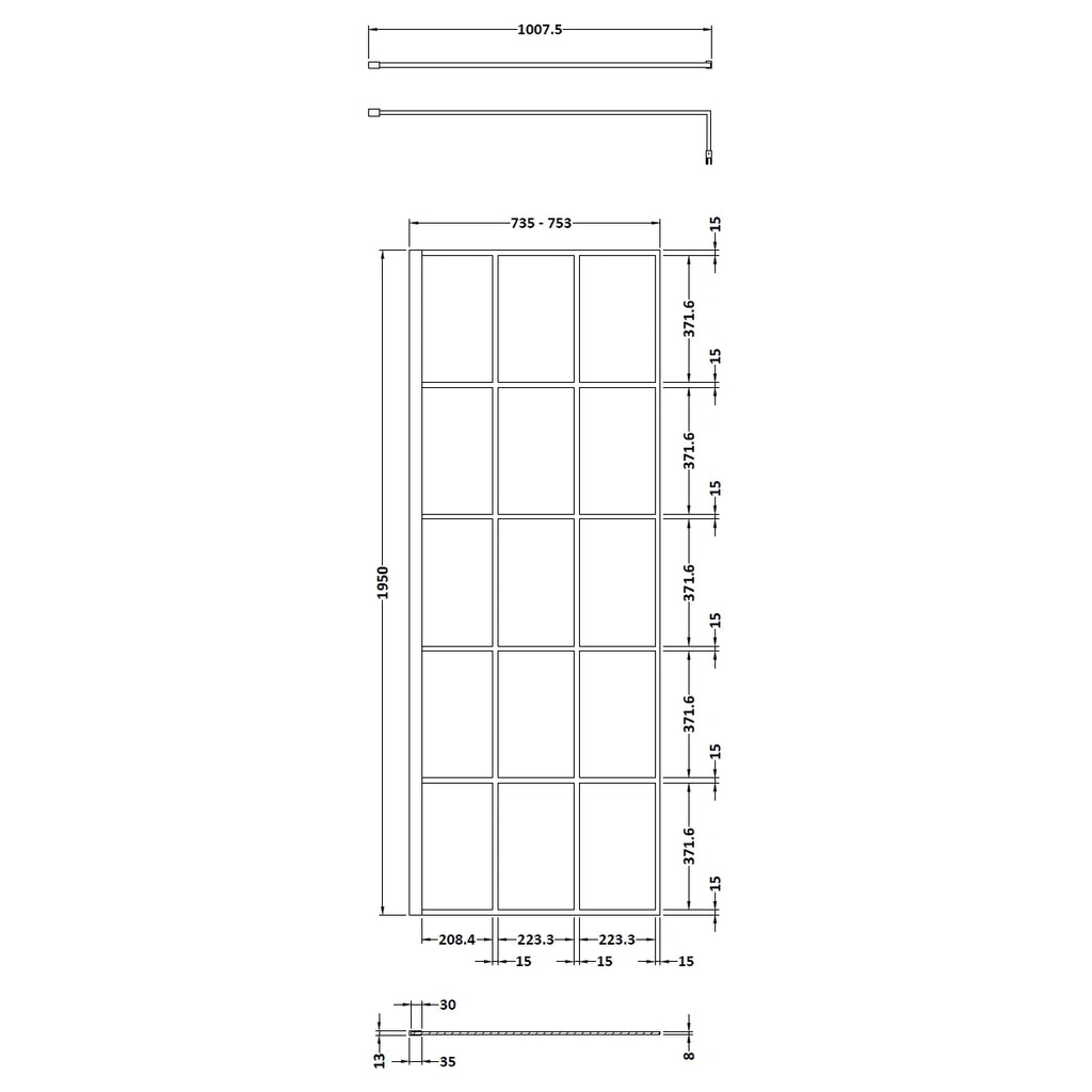 Hudson Reed Matt Black Framed Wetroom Screen with Support Bar