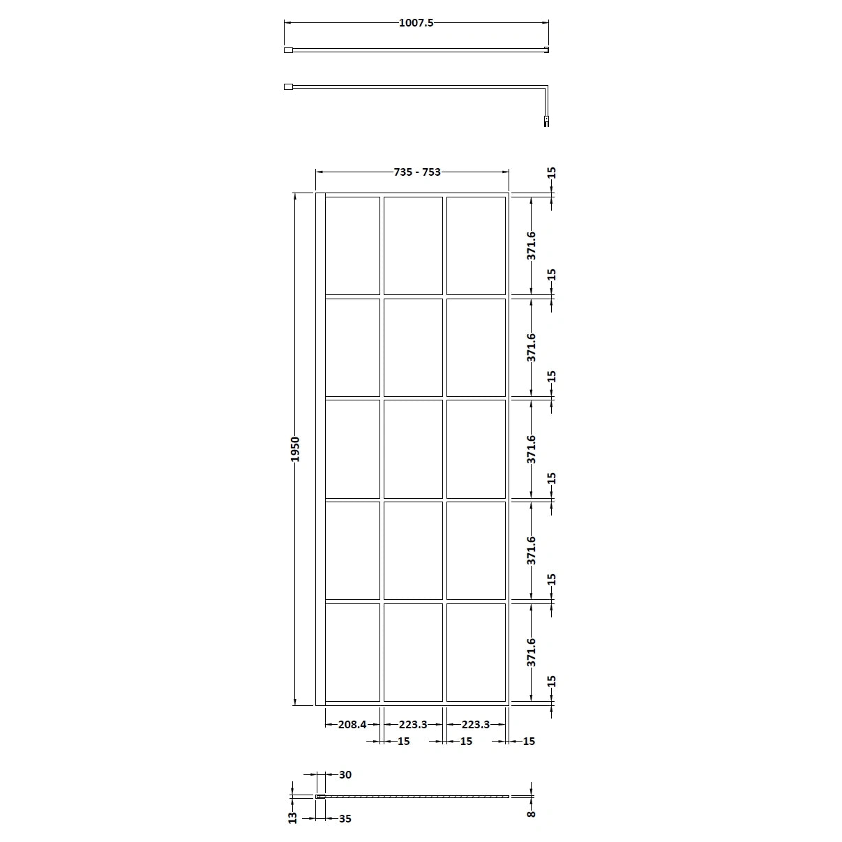 Hudson Reed Matt Black Framed Wetroom Screen with Support Bar