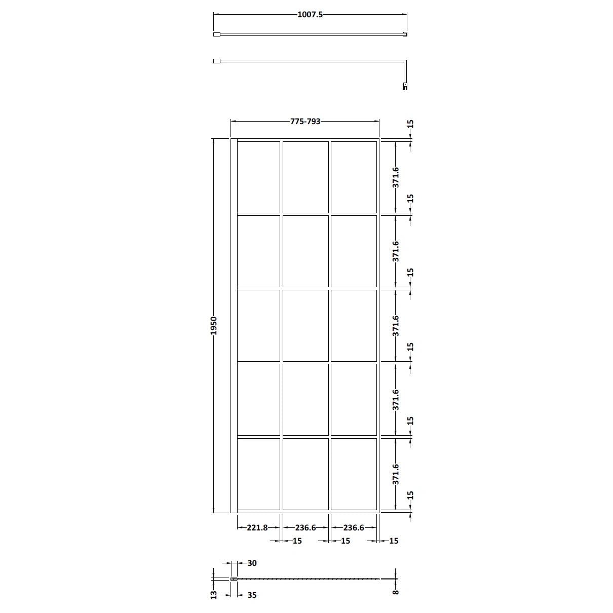 Hudson Reed Matt Black Framed Wetroom Screen with Support Bar