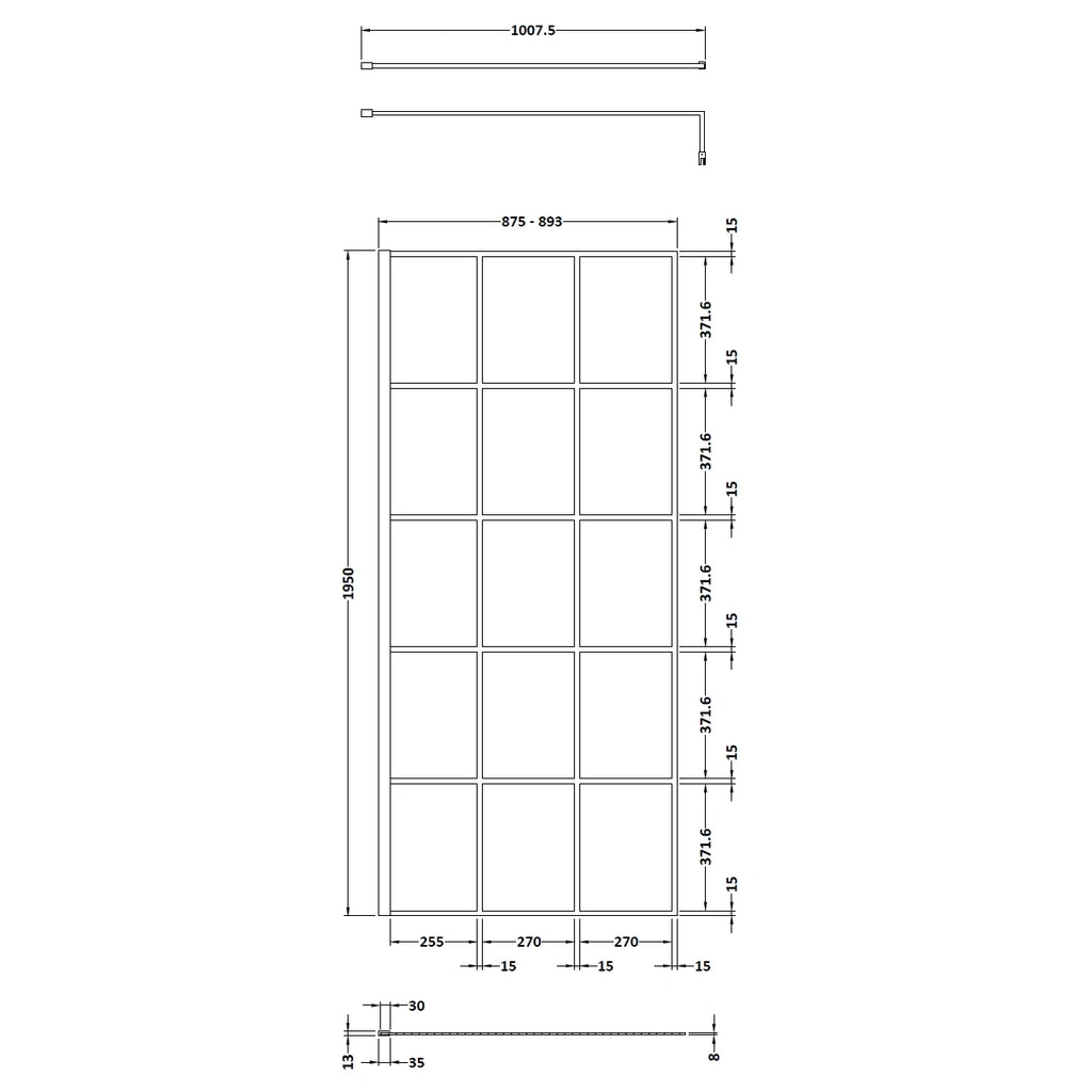 Hudson Reed Matt Black Framed Wetroom Screen with Support Bar