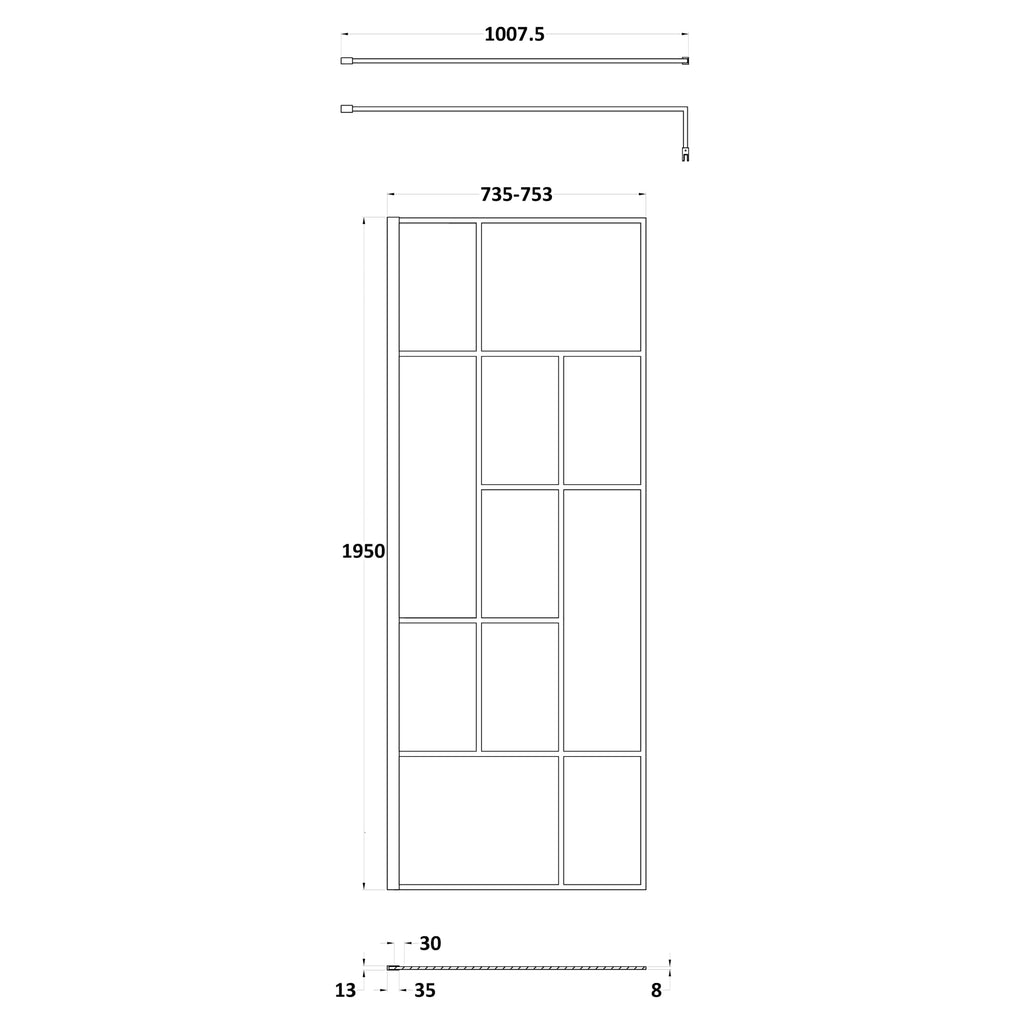 Hudson Reed Matt Black Abstract Frame Wetroom Screen with Support Bar