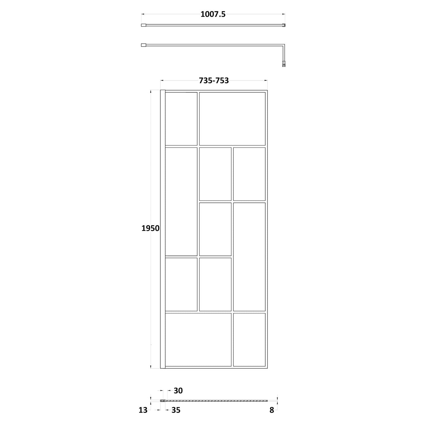 Hudson Reed Matt Black Abstract Frame Wetroom Screen with Support Bar