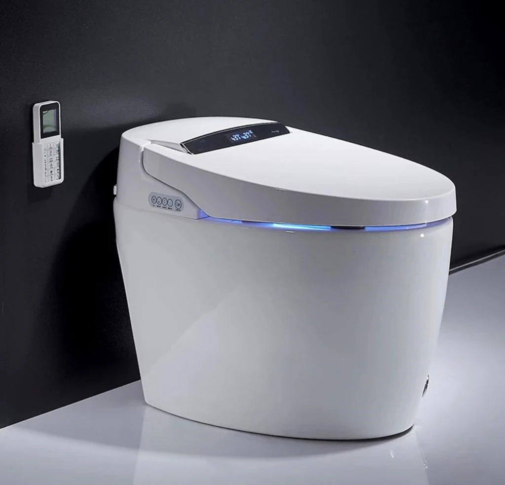 The Kushiro Japanese Style Smart Toilet with the lid closed showing the led screen display 